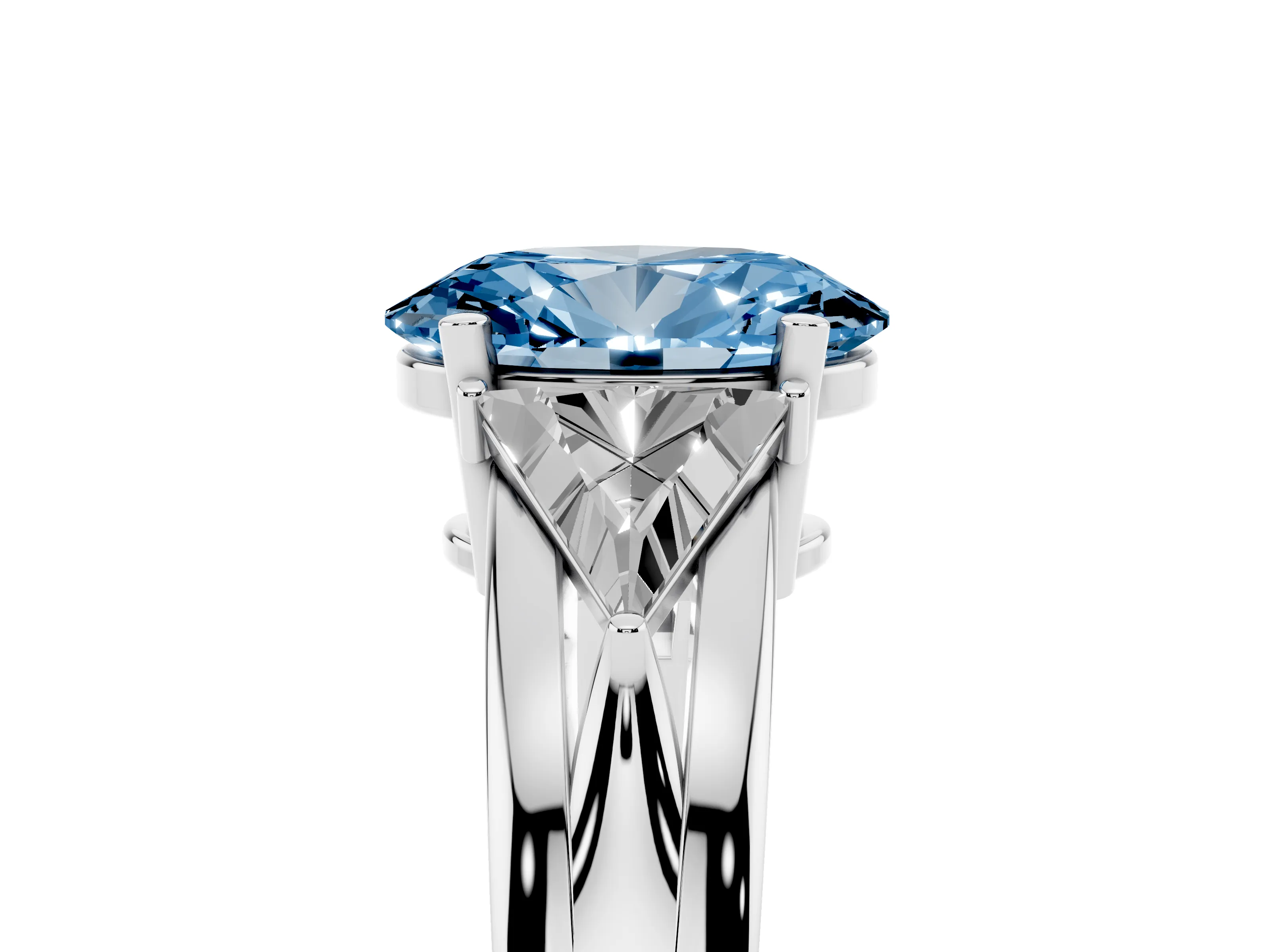 Fancy Blue Oval Cut Diamond Three-Stone Ring Set in Silver with Trillion Side Stones and Split Shank