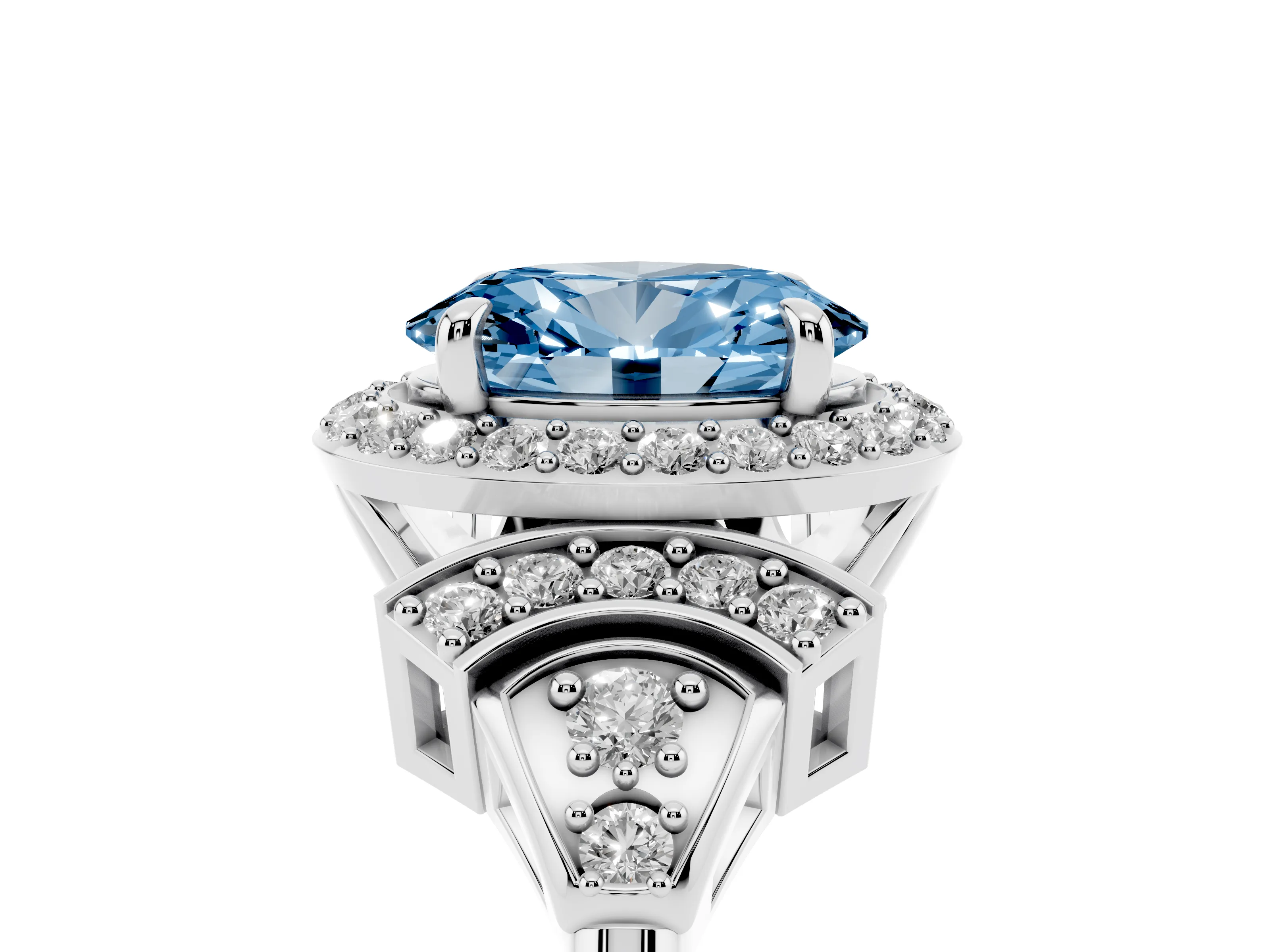 Fancy Blue Oval Cut Diamond Halo Engagement Ring Set in Platinum with Accent Stone Split Shank