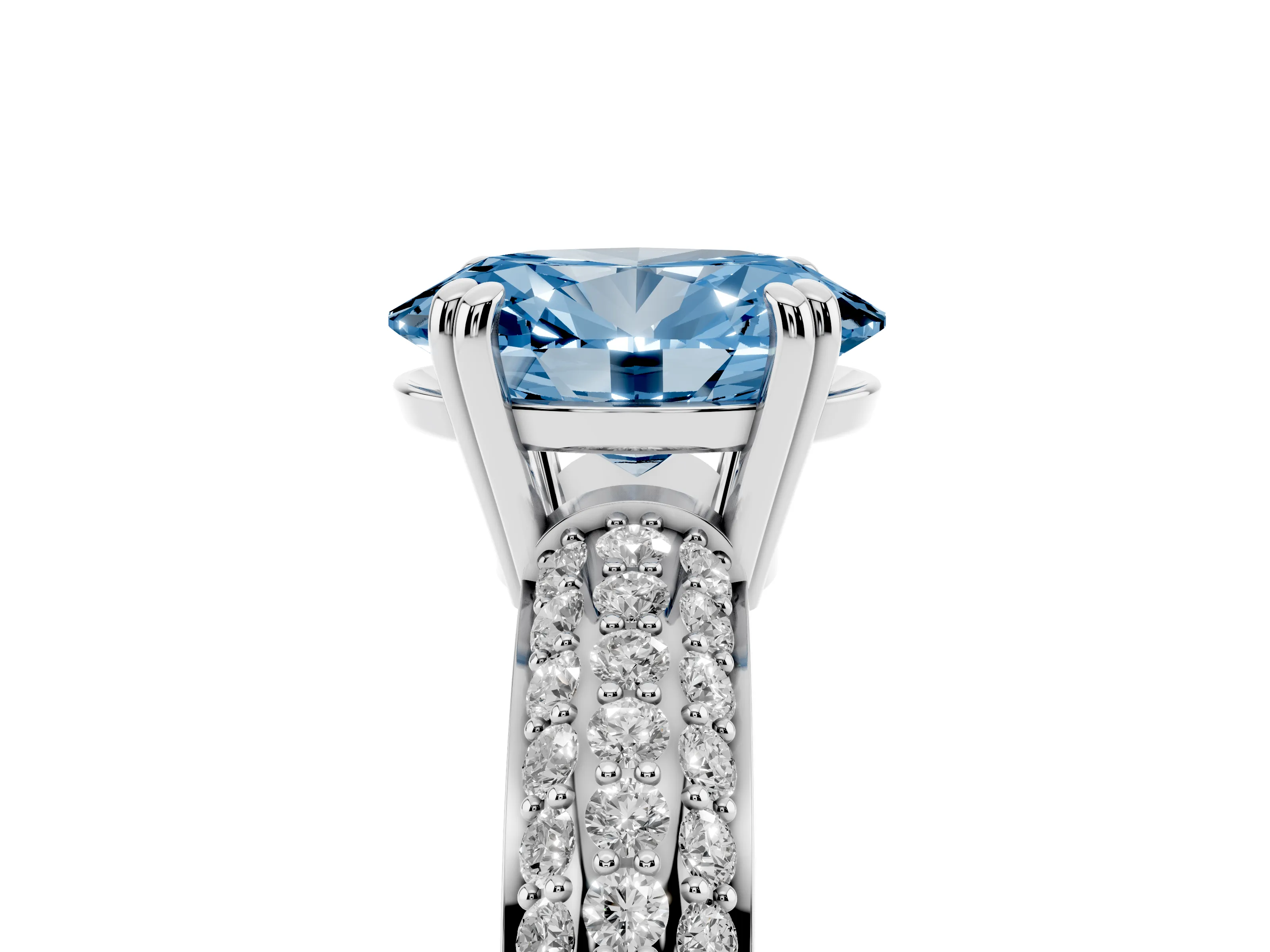 Fancy Blue Oval Cut Diamond Solitaire Ring Set in White gold with Multi-Row Round Pavé Band and Prong Setting