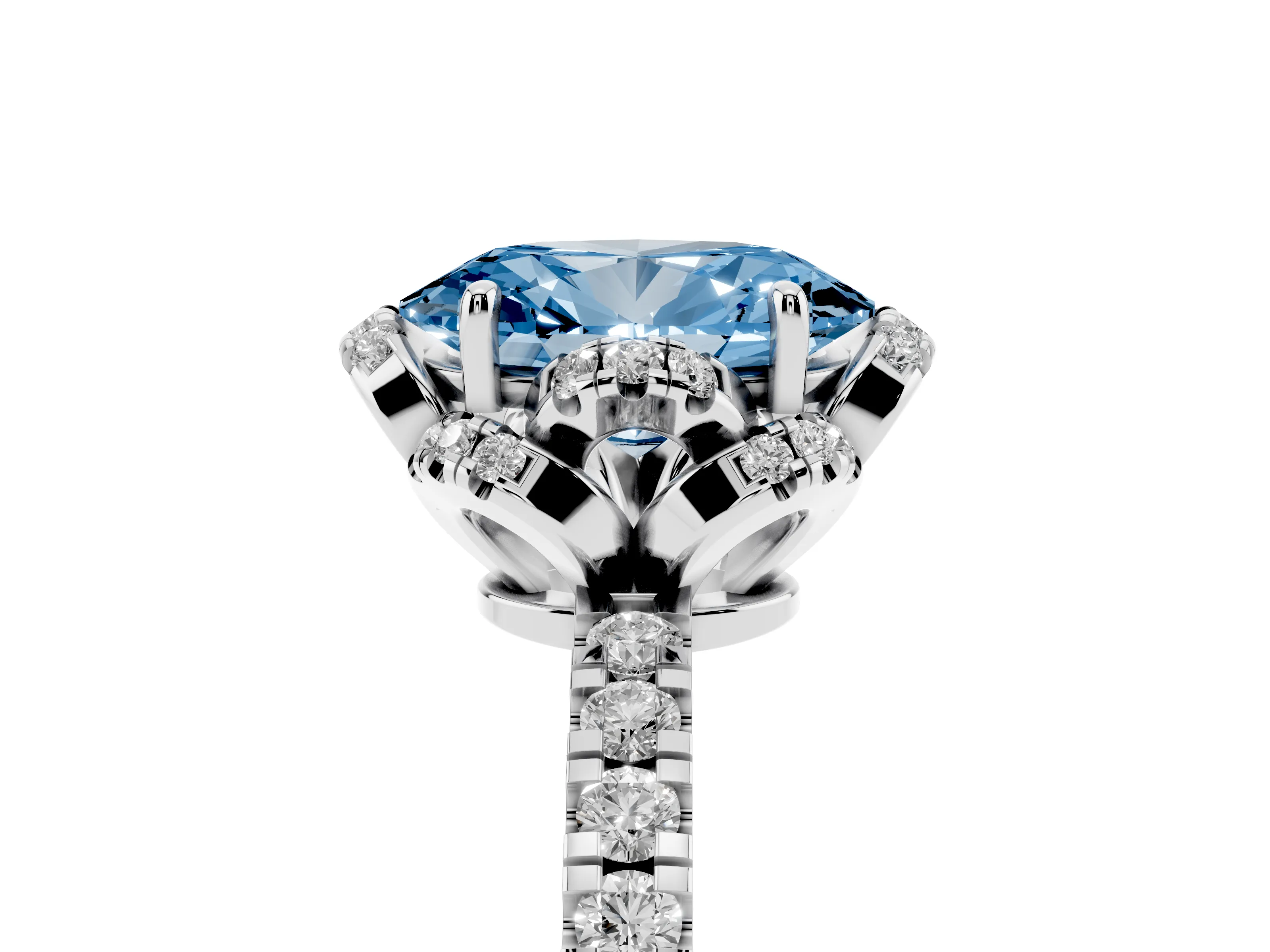 Fancy Blue Oval Cut Diamond Halo Pavé Band Ring Set in Silver with Prong-Held Center