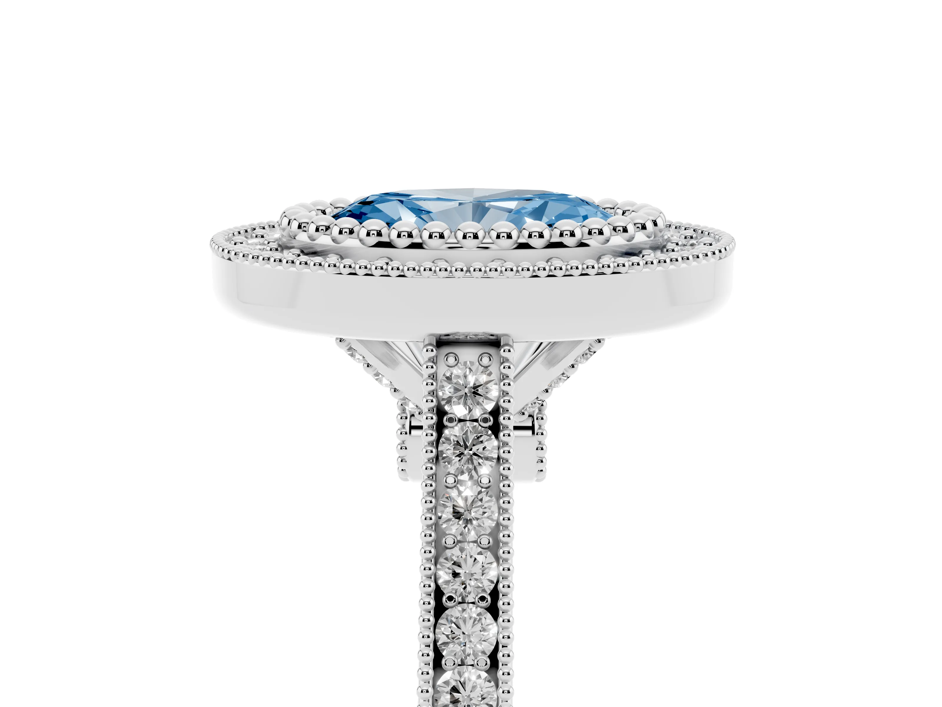 Fancy Blue Oval Cut Diamond Halo Ring Set in White gold with Milgrain Frame and Pavé Band