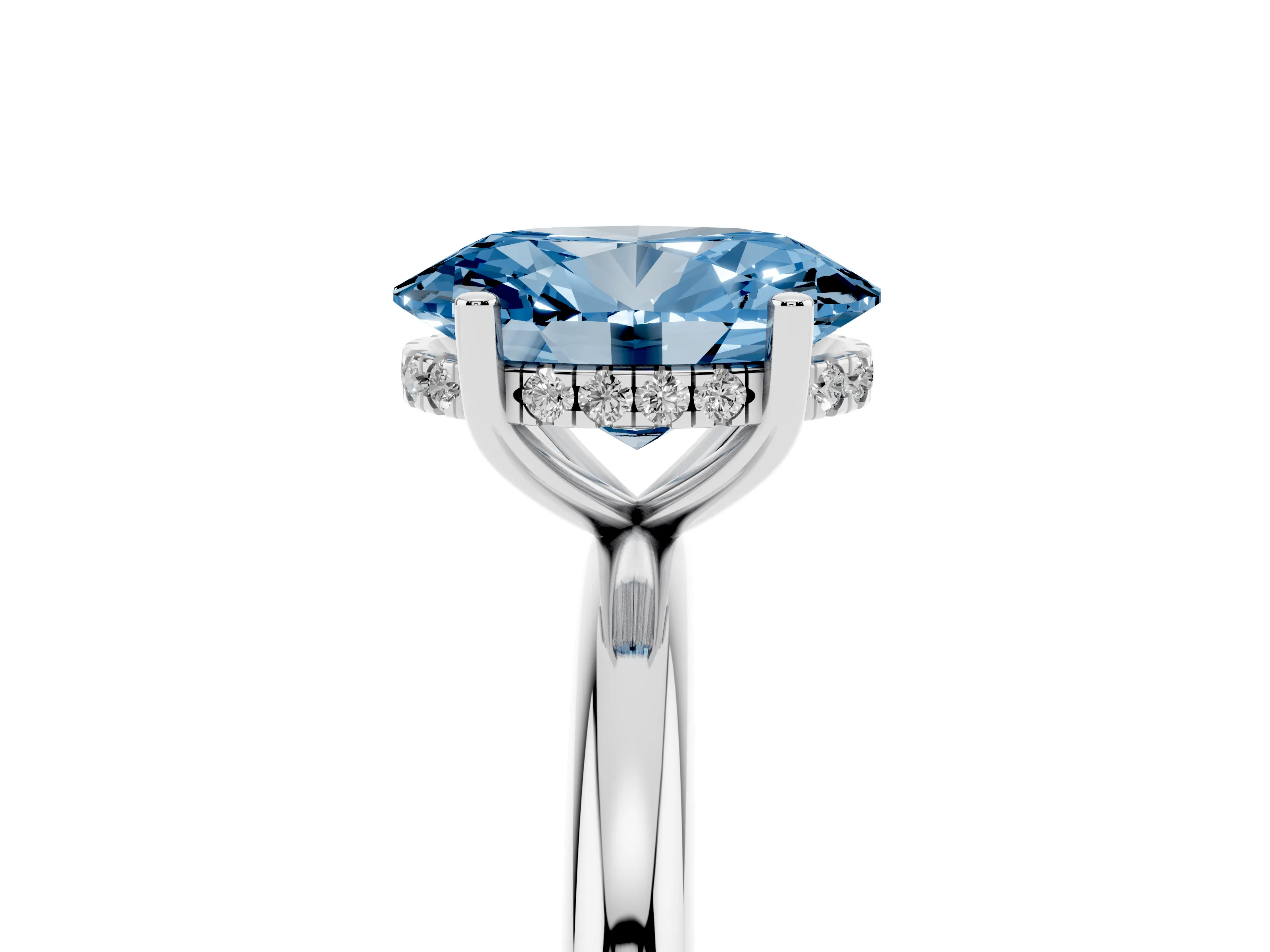 Fancy Blue Oval Cut Diamond Solitaire Engagement Ring Set in Silver with Prong Setting and Polished Band