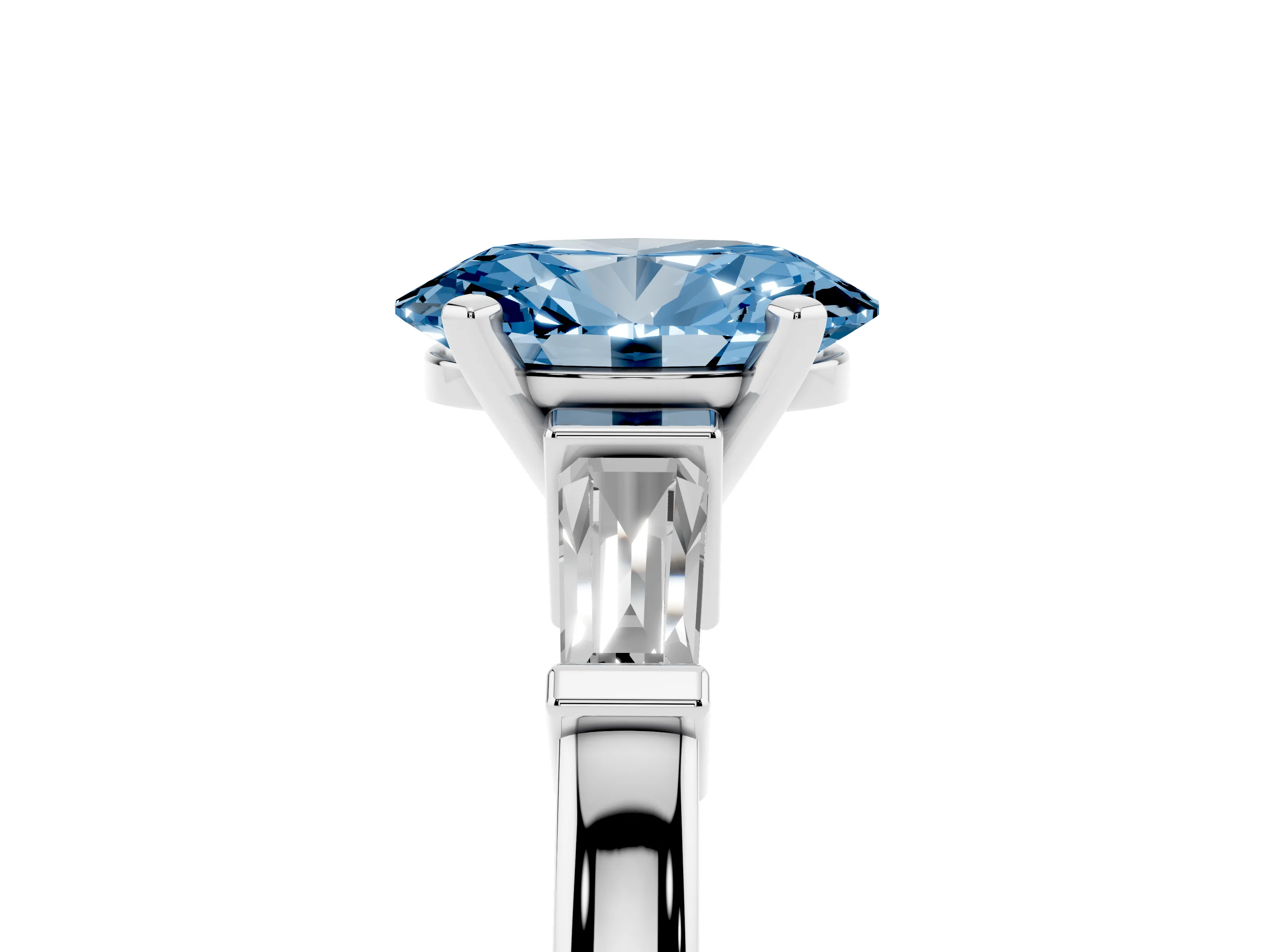 Fancy Blue Oval Cut Diamond Solitaire Ring Set in White gold with Tapered Baguette Accents and Prong Setting