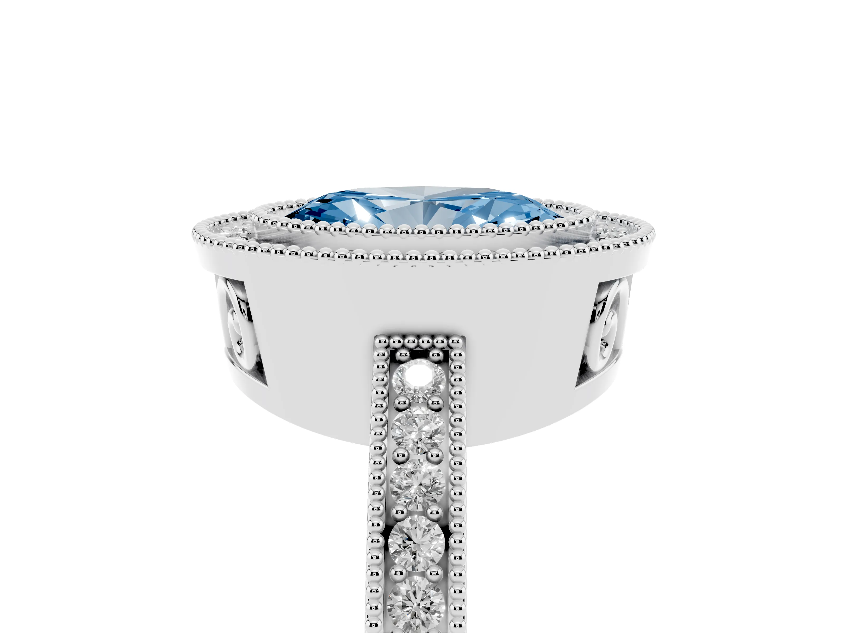 Fancy Blue Oval Cut Diamond Round Halo Ring Set in White gold with Pavé Band