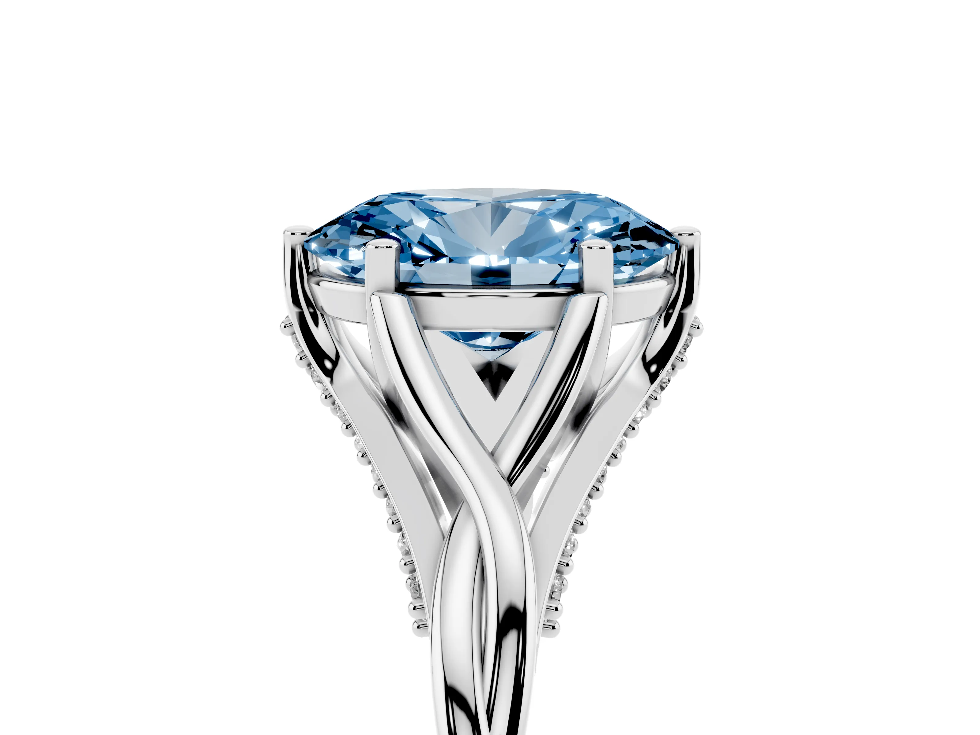 Fancy Blue Oval Cut Diamond Intertwined Twist Band Solitaire Ring Set in White gold with Prong Setting
