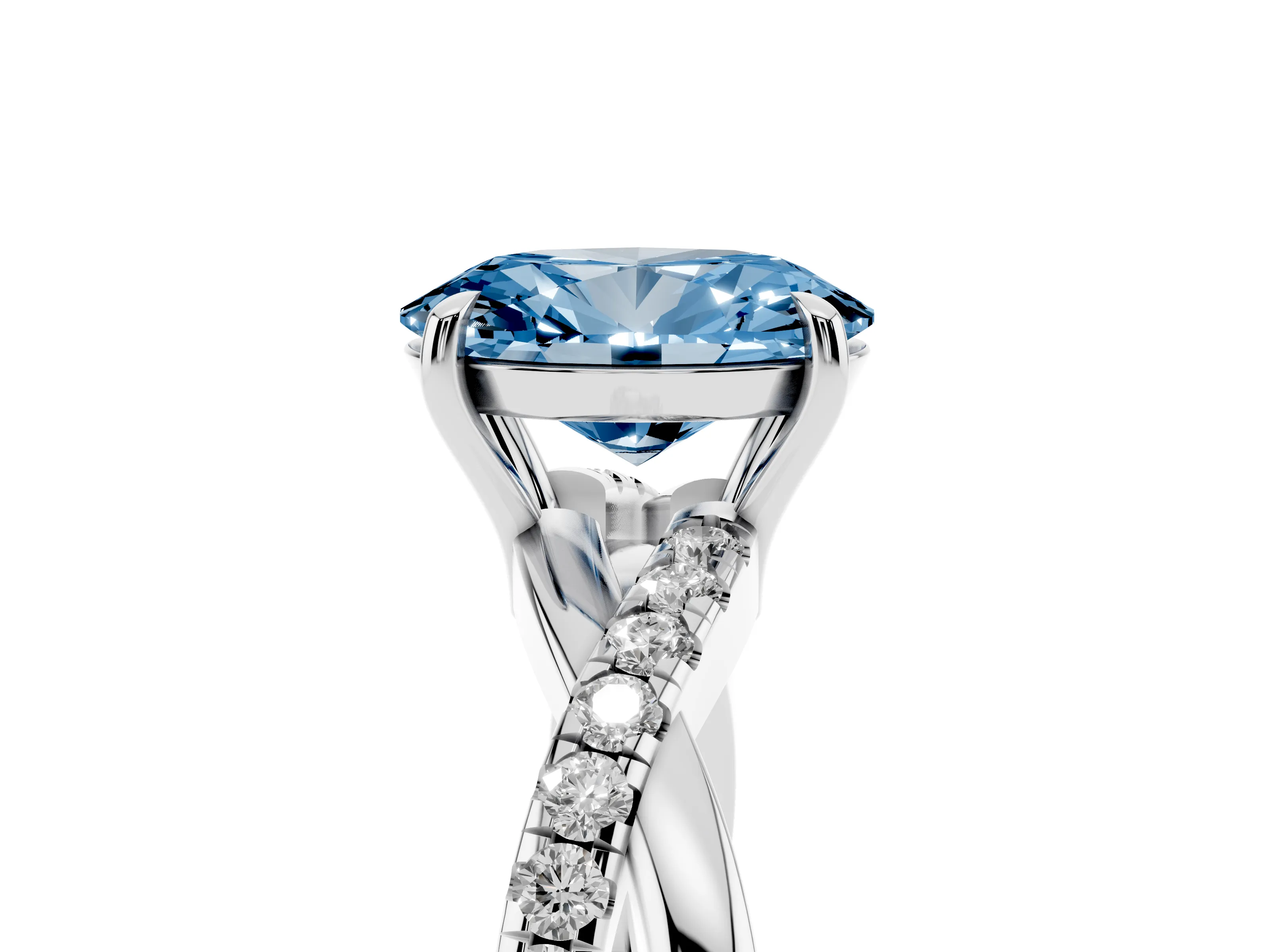 Fancy Blue Oval Cut Diamond Twisted Pavé Band Ring Set in Silver with Prong Setting