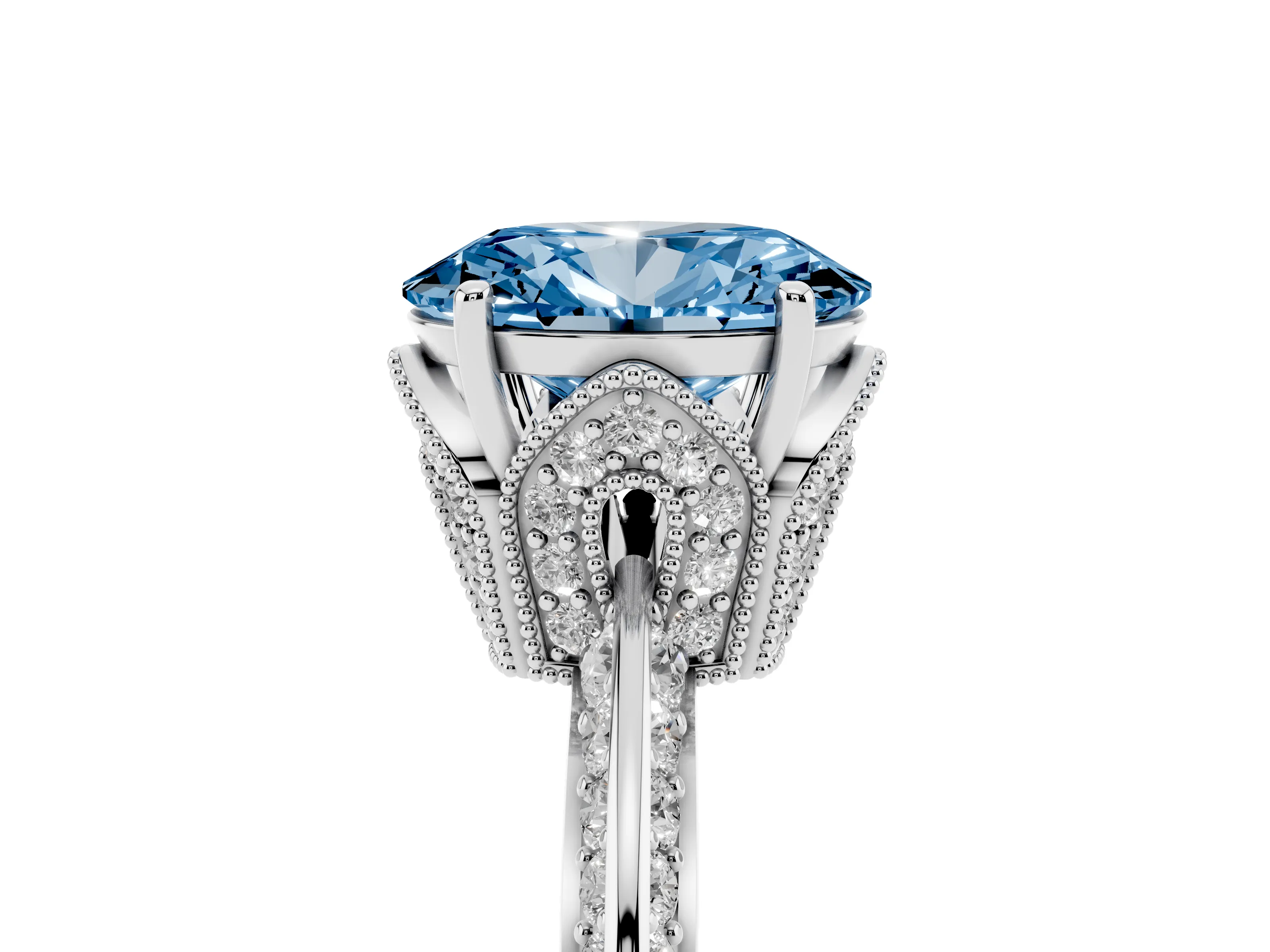 Fancy Blue Oval Cut Diamond Solitaire Engagement Ring Set in Silver with Pavé Split Shank and Prong Setting