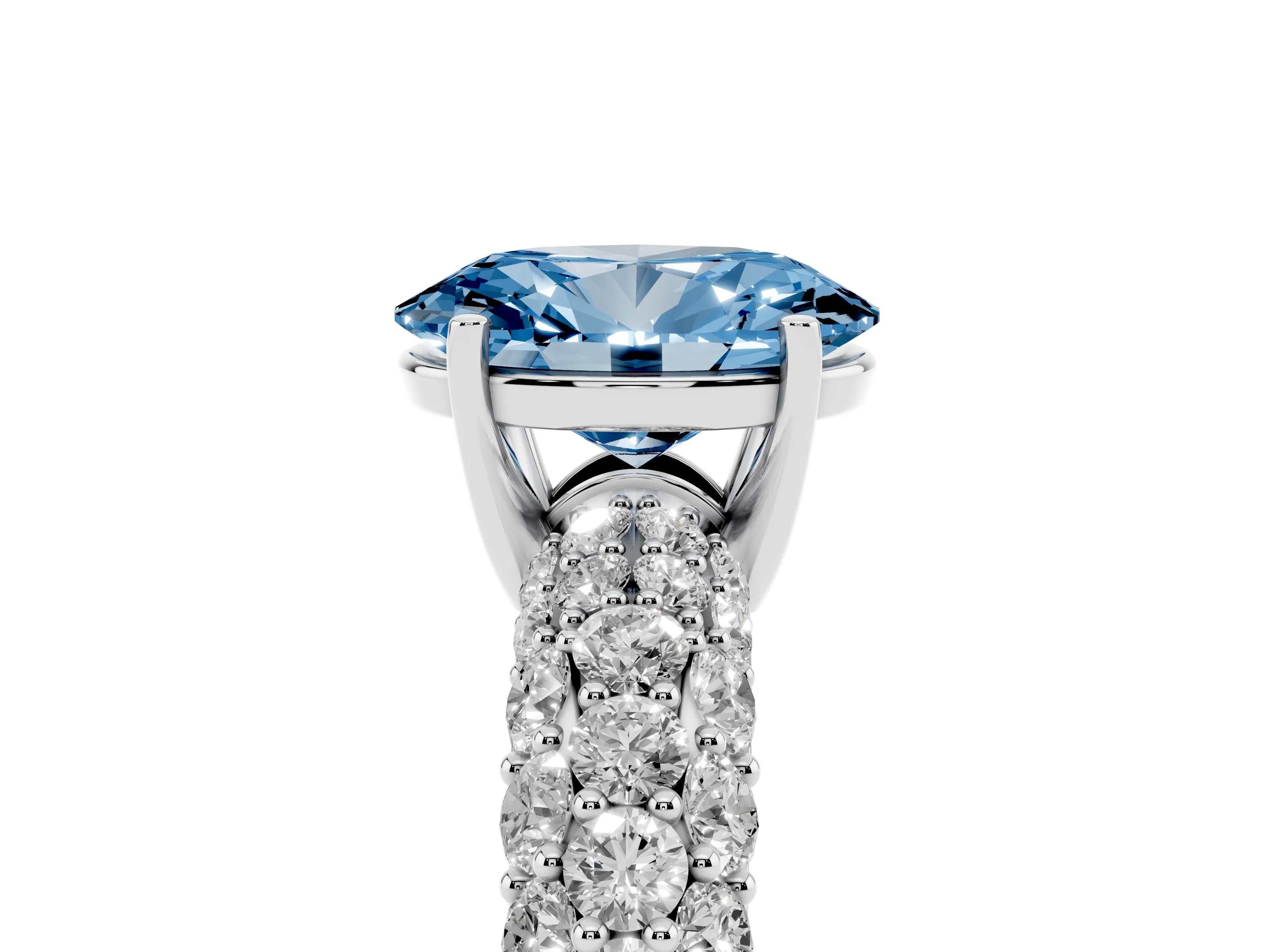 Fancy Blue Oval Cut Diamond Pavé Band Solitaire Ring Set in Platinum with Close-Set Accent Stones and Prong Setting