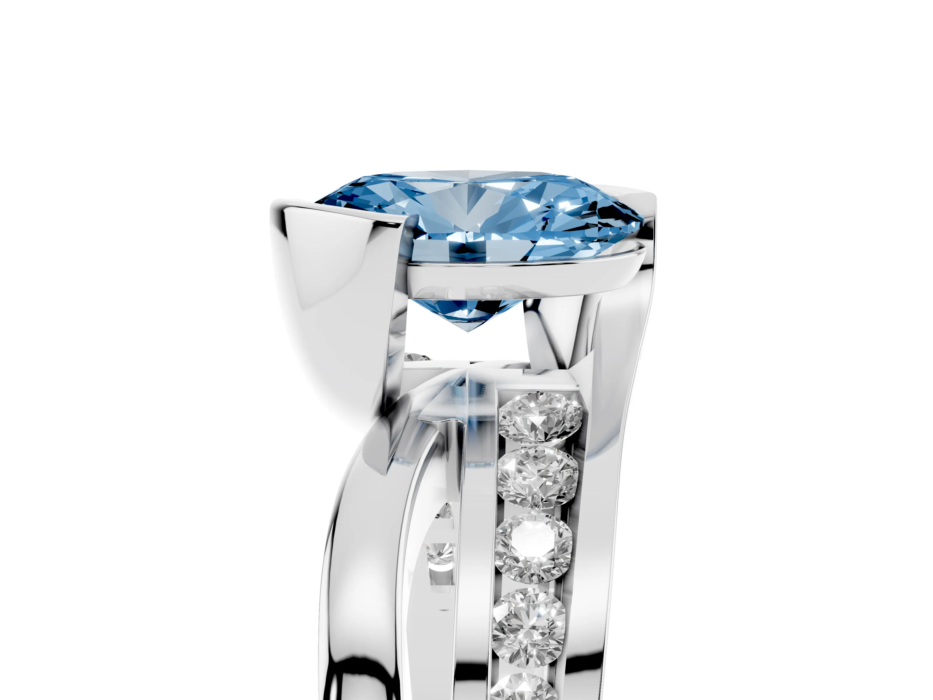 Fancy Blue Oval Cut Diamond Solitaire Ring Set in Silver with Channel Set Split Shank and Tension Prongs