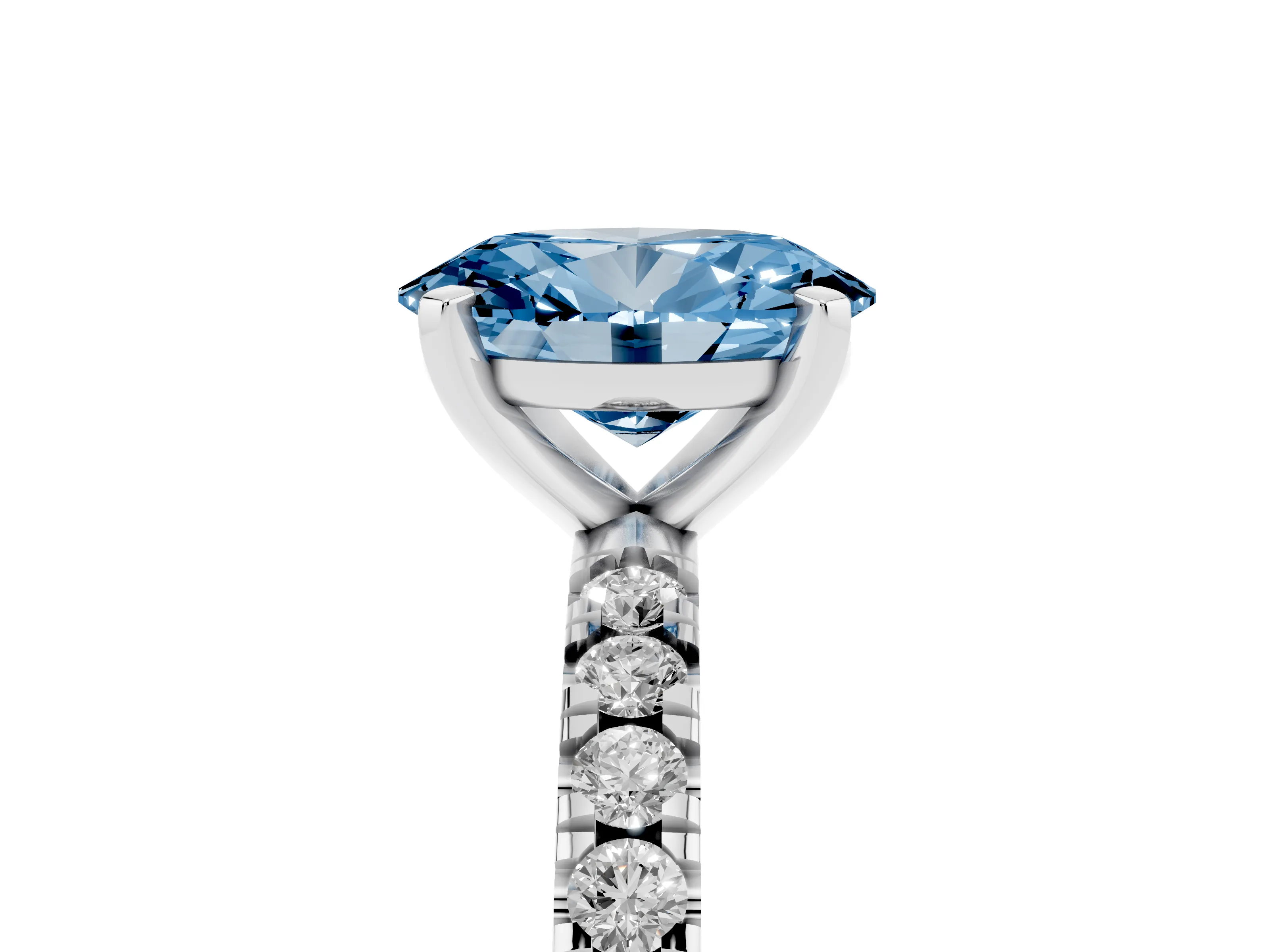 Fancy Blue Oval Cut Diamond Pavé Band Solitaire Set in Silver with Prong Setting