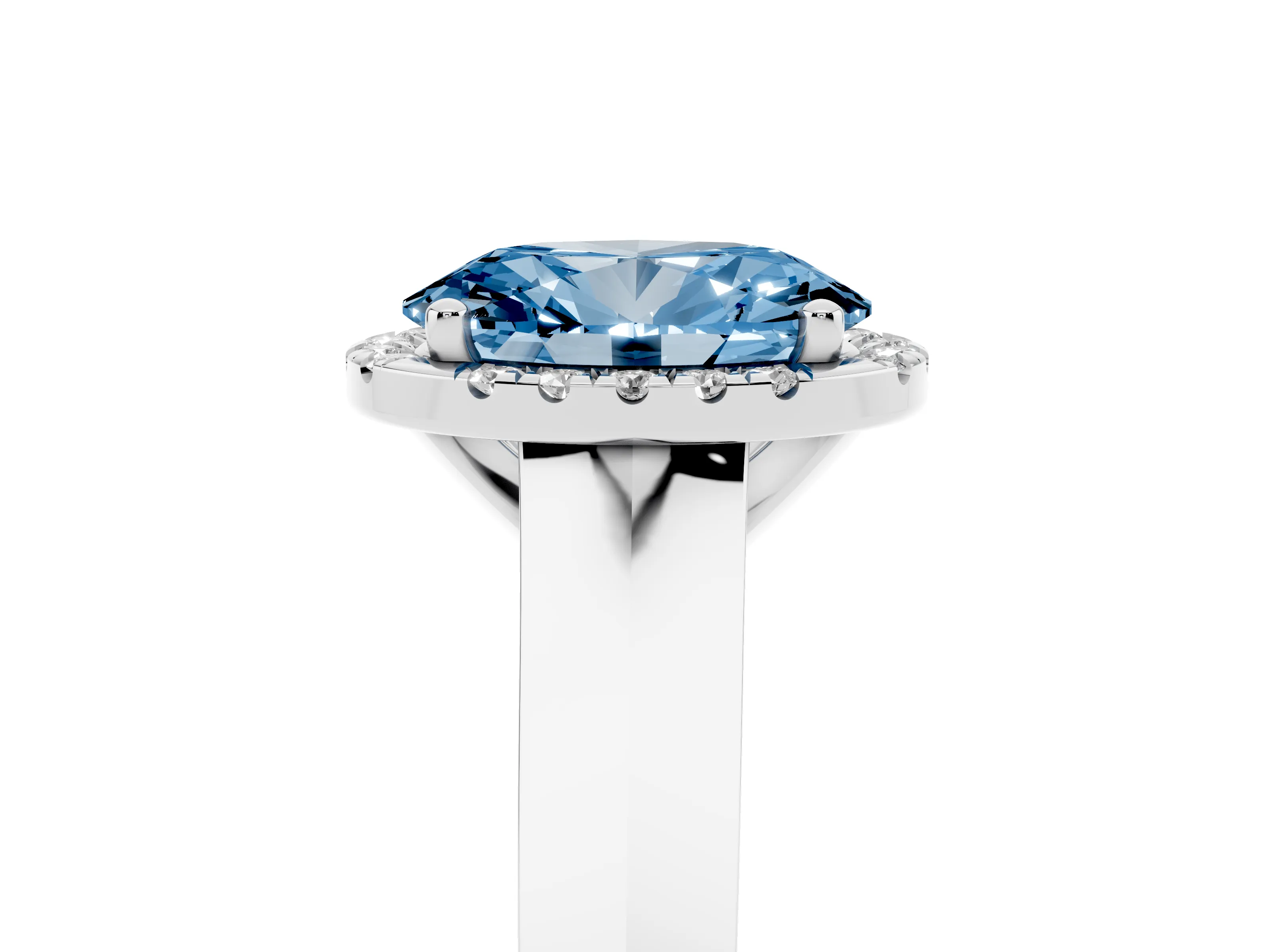 Fancy Blue Oval Cut Diamond Halo Ring Set in White gold with Cathedral Band and Prong Setting