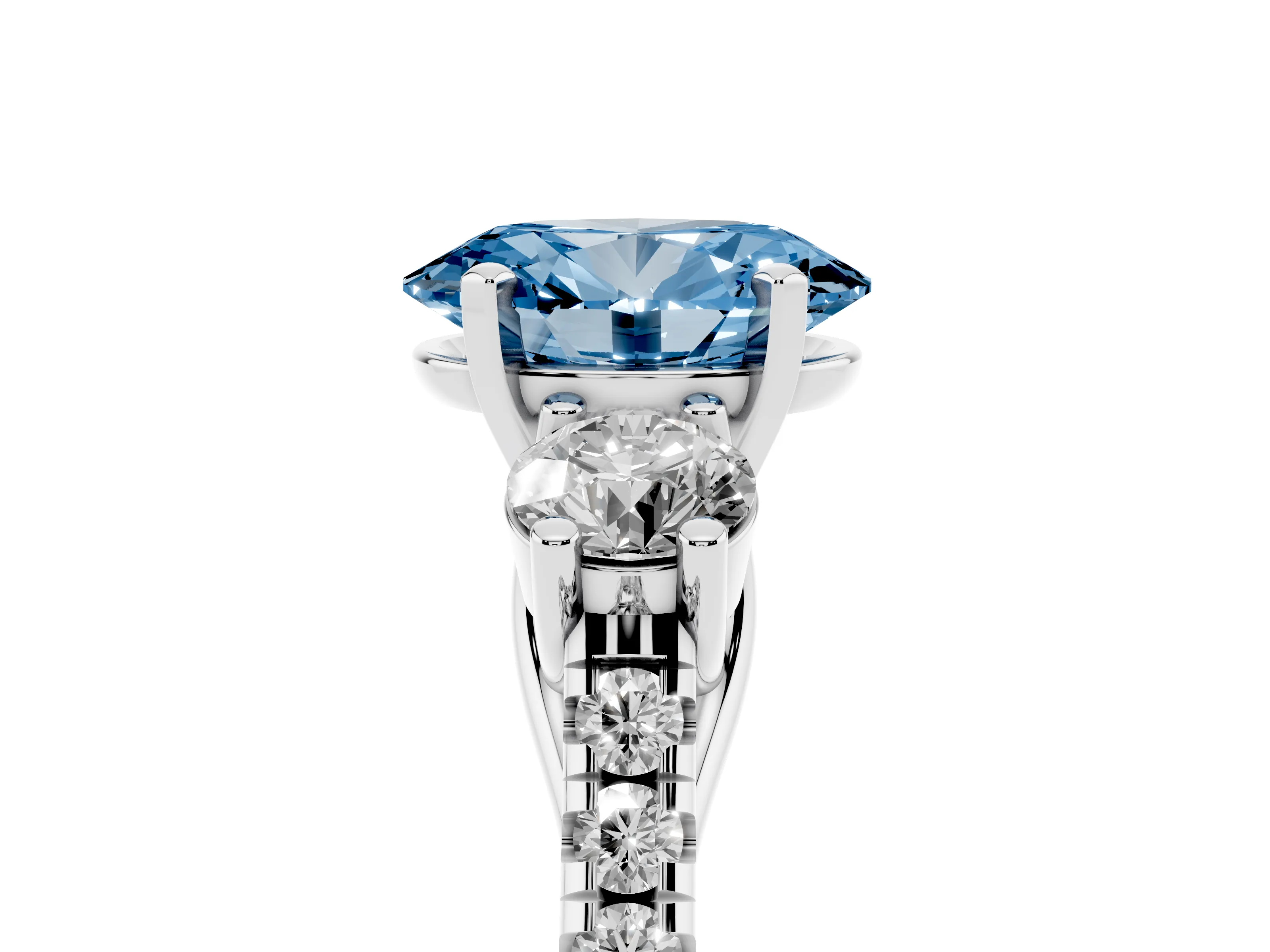 Fancy Blue Three-Stone Oval Cut Diamond Pavé Band Ring Set in Platinum with Prong-Set Trio