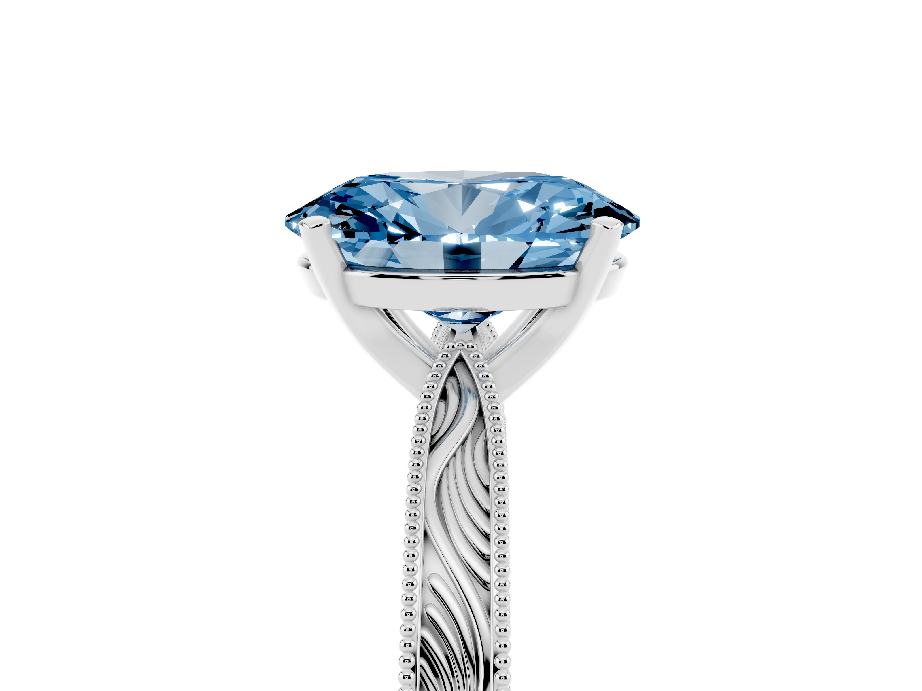 Fancy Blue Oval Cut Diamond Solitaire Milgrain Engraved Band Set in Platinum with Prong Setting