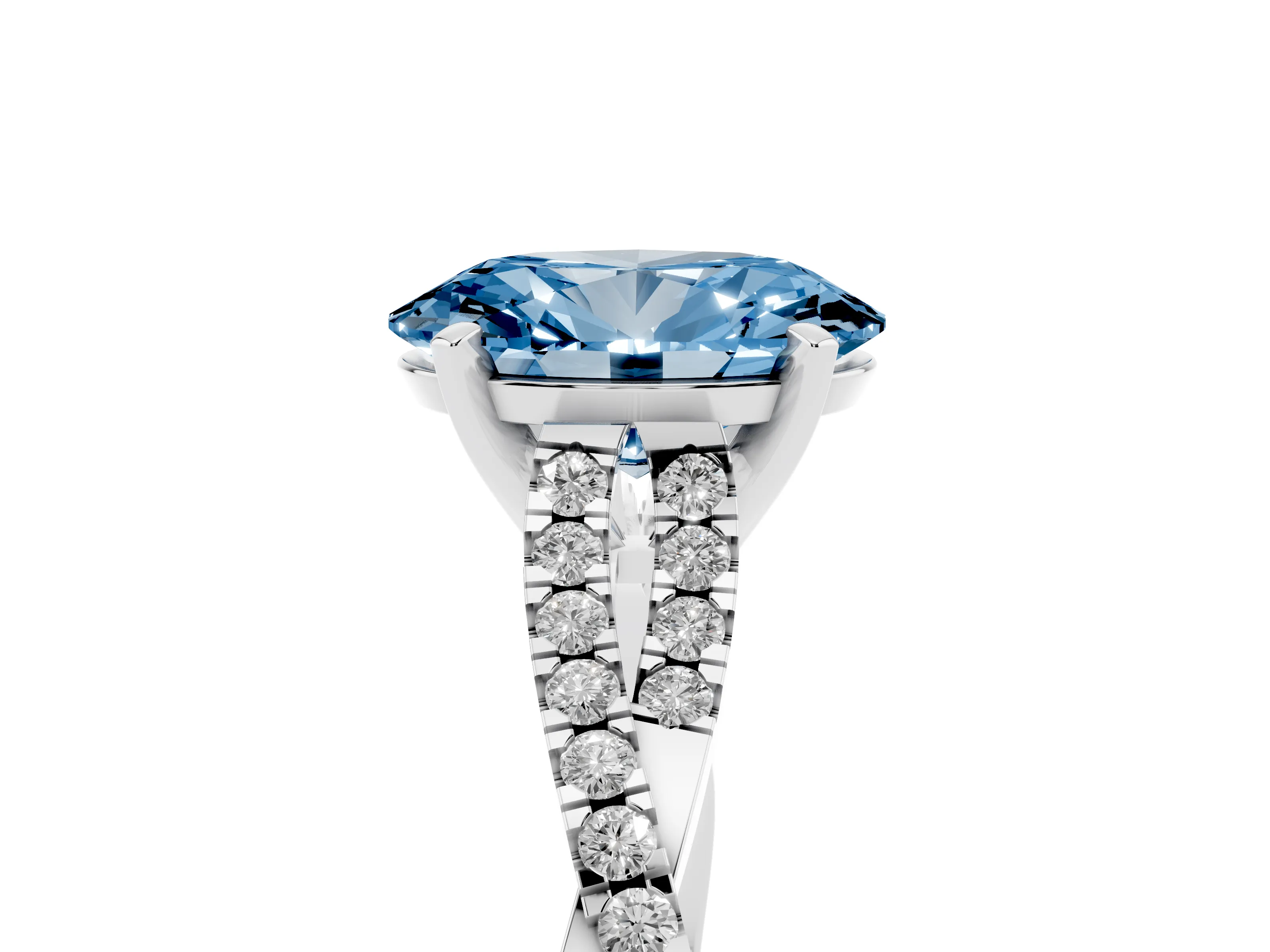 Fancy Blue Oval Cut Diamond Solitaire Engagement Ring Set in White gold with Twisted Pavé Band and Prong Setting