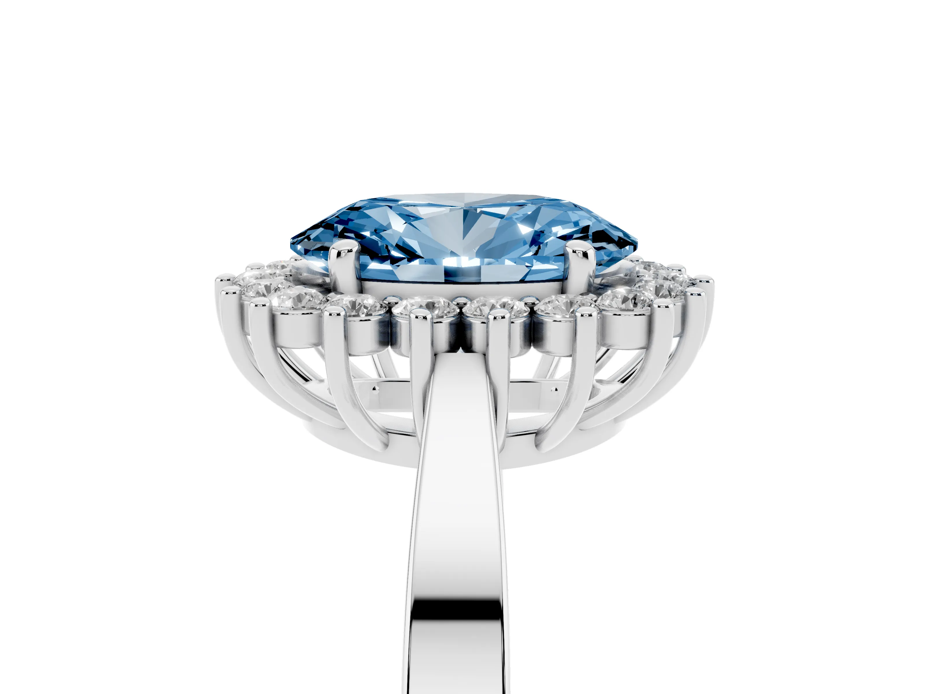 Fancy Blue Oval Cut Diamond Halo Ring Set in White gold with Round Halo and Smooth Solitaire Band