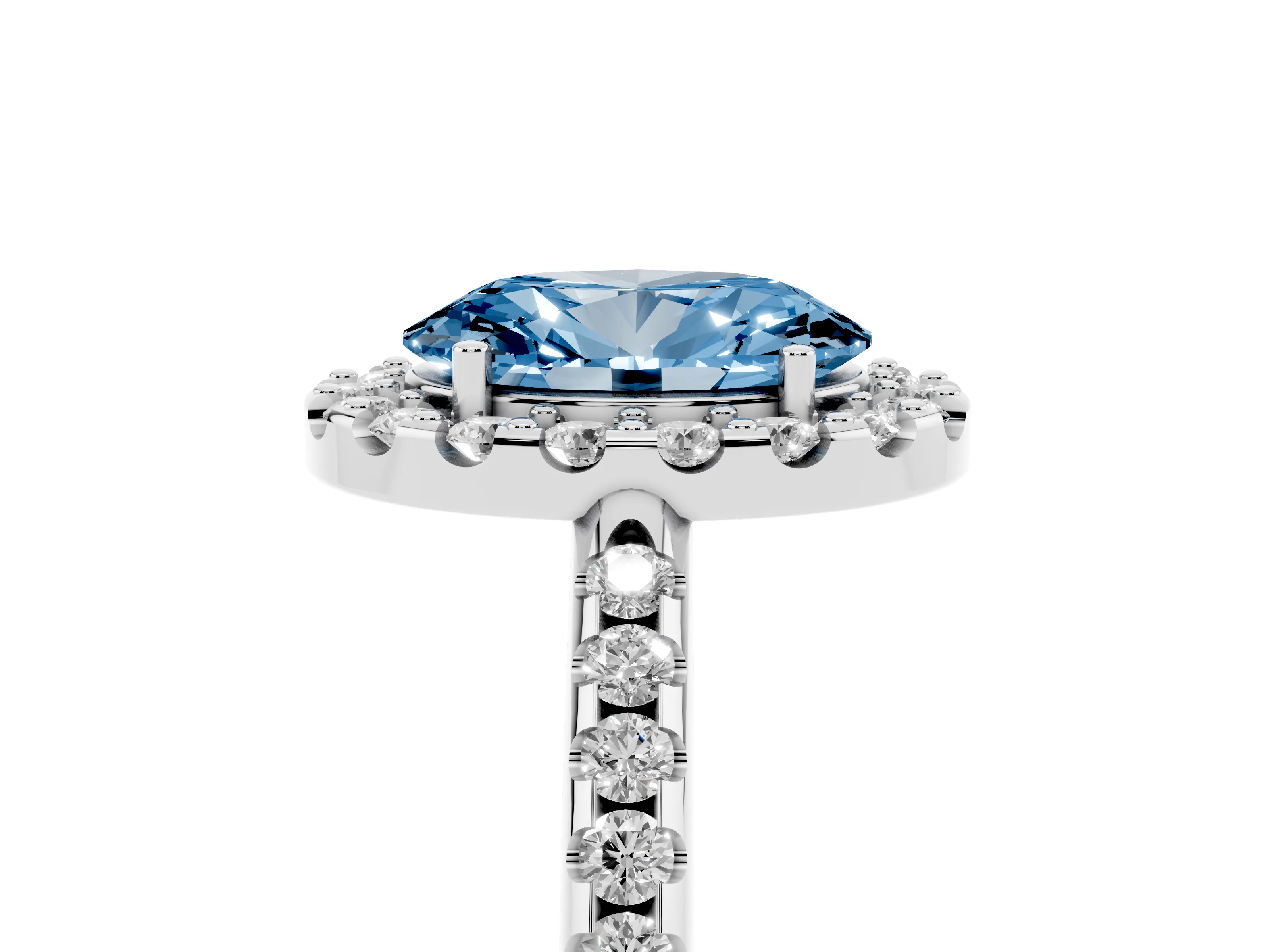 Fancy Blue Oval Cut Diamond Pavé Halo Ring Set in Platinum with Prong Setting