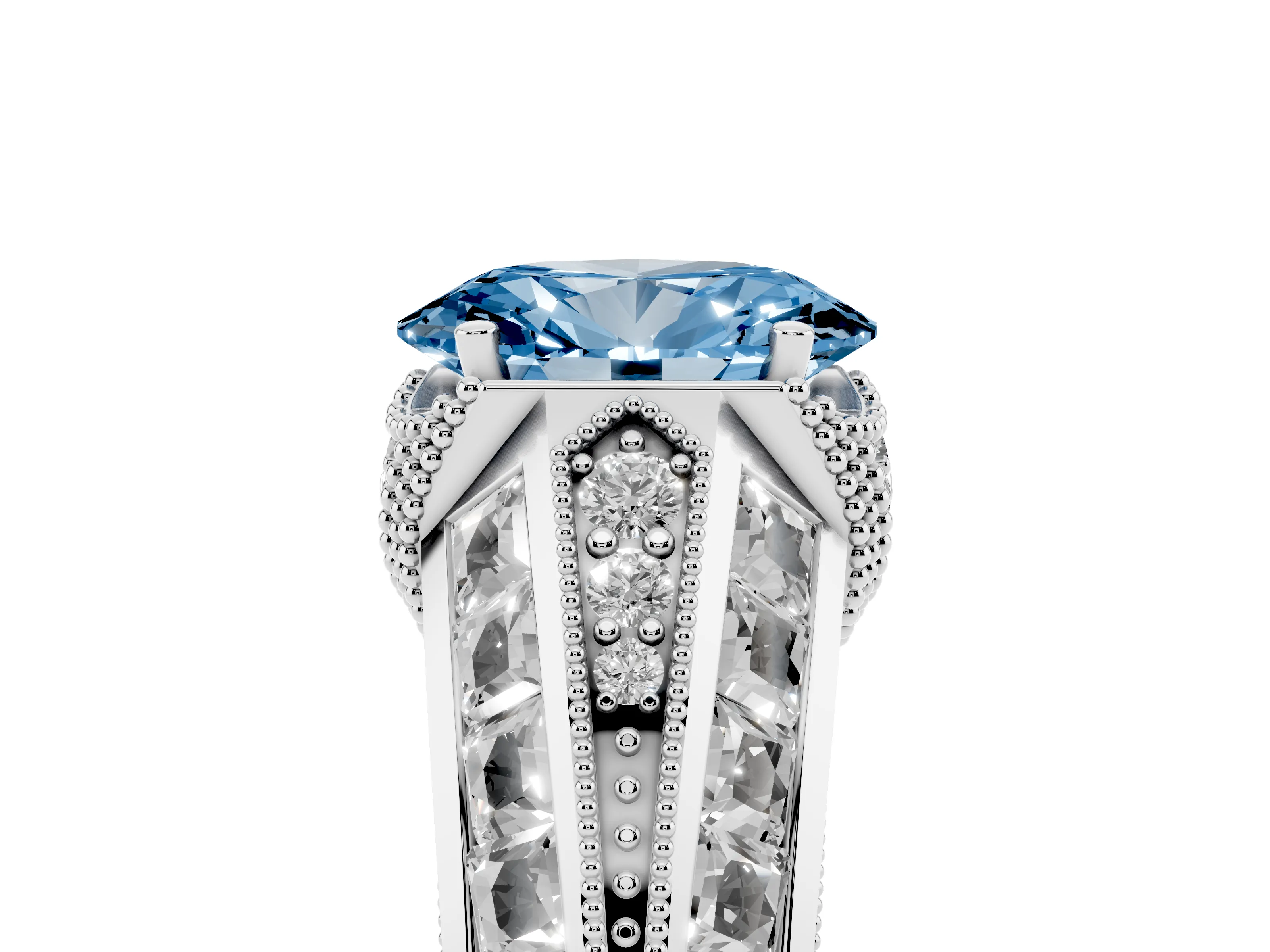 Fancy Blue Oval Cut Diamond Vintage-Inspired Milgrain Ring Set in Silver with Accent Split Shank