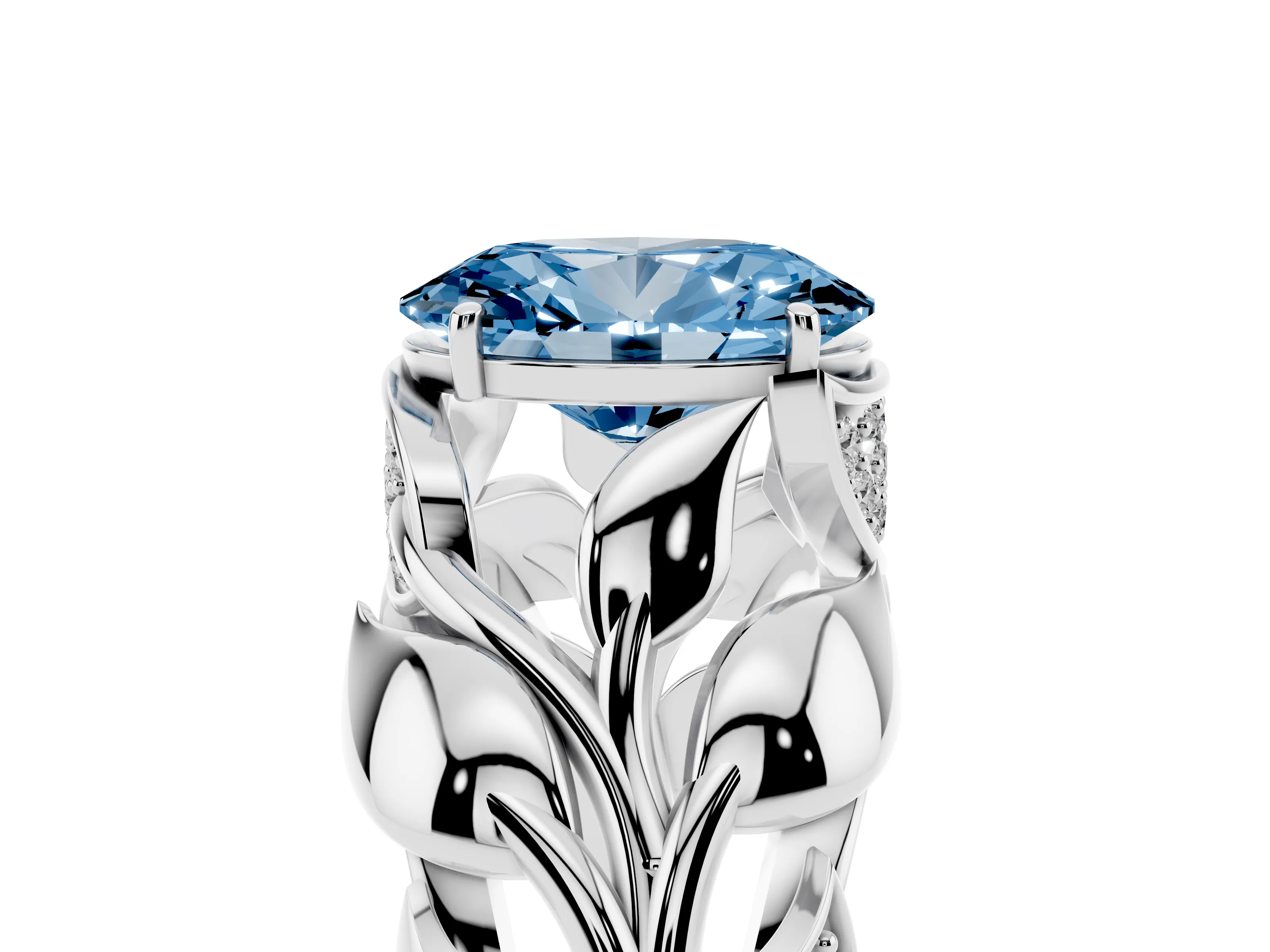 Fancy Blue Oval Cut Diamond Leaf-Inspired Engagement Ring Set in White gold with Round Accents