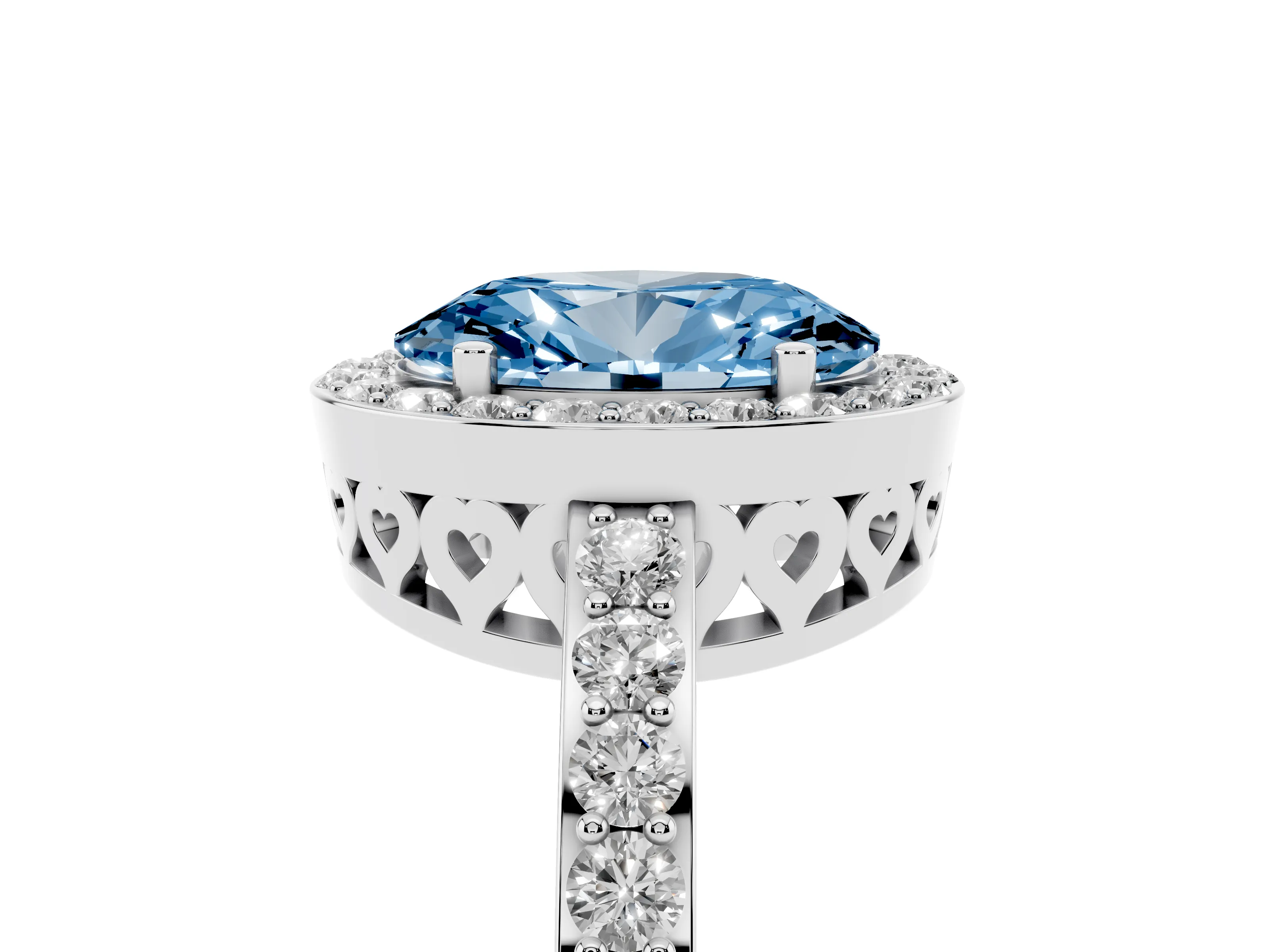 Fancy Blue Oval Cut Diamond Halo Ring Set in Silver with Pavé-Setting Band and Open Prong Center