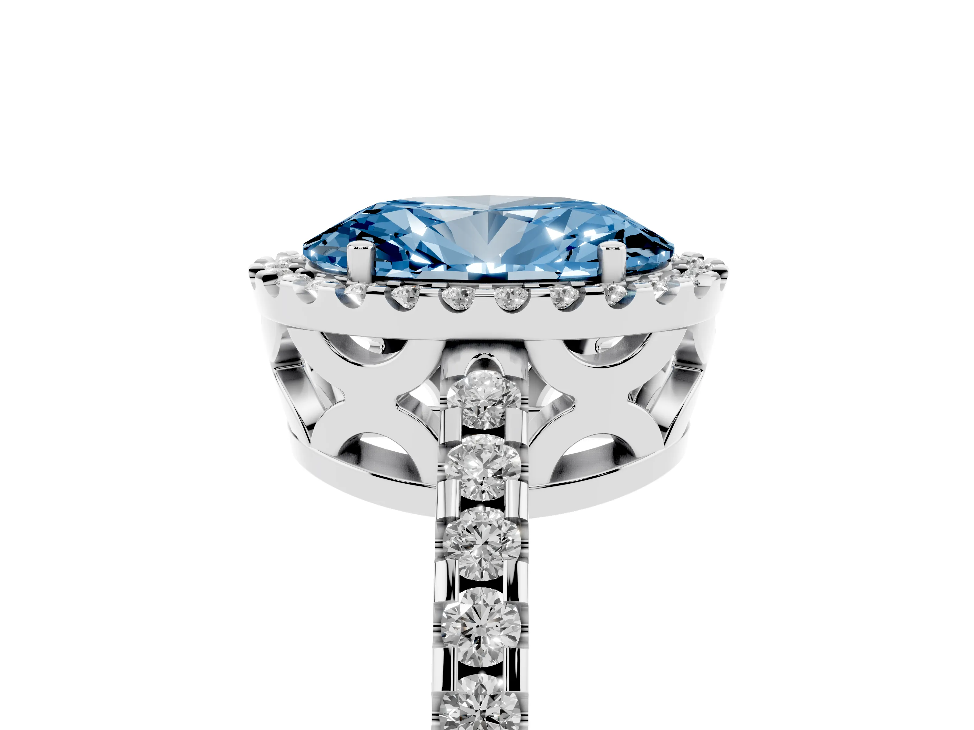 Fancy Blue Oval Cut Diamond Halo Ring Set in Platinum with Pavé Shoulders and Halo-Framed Center