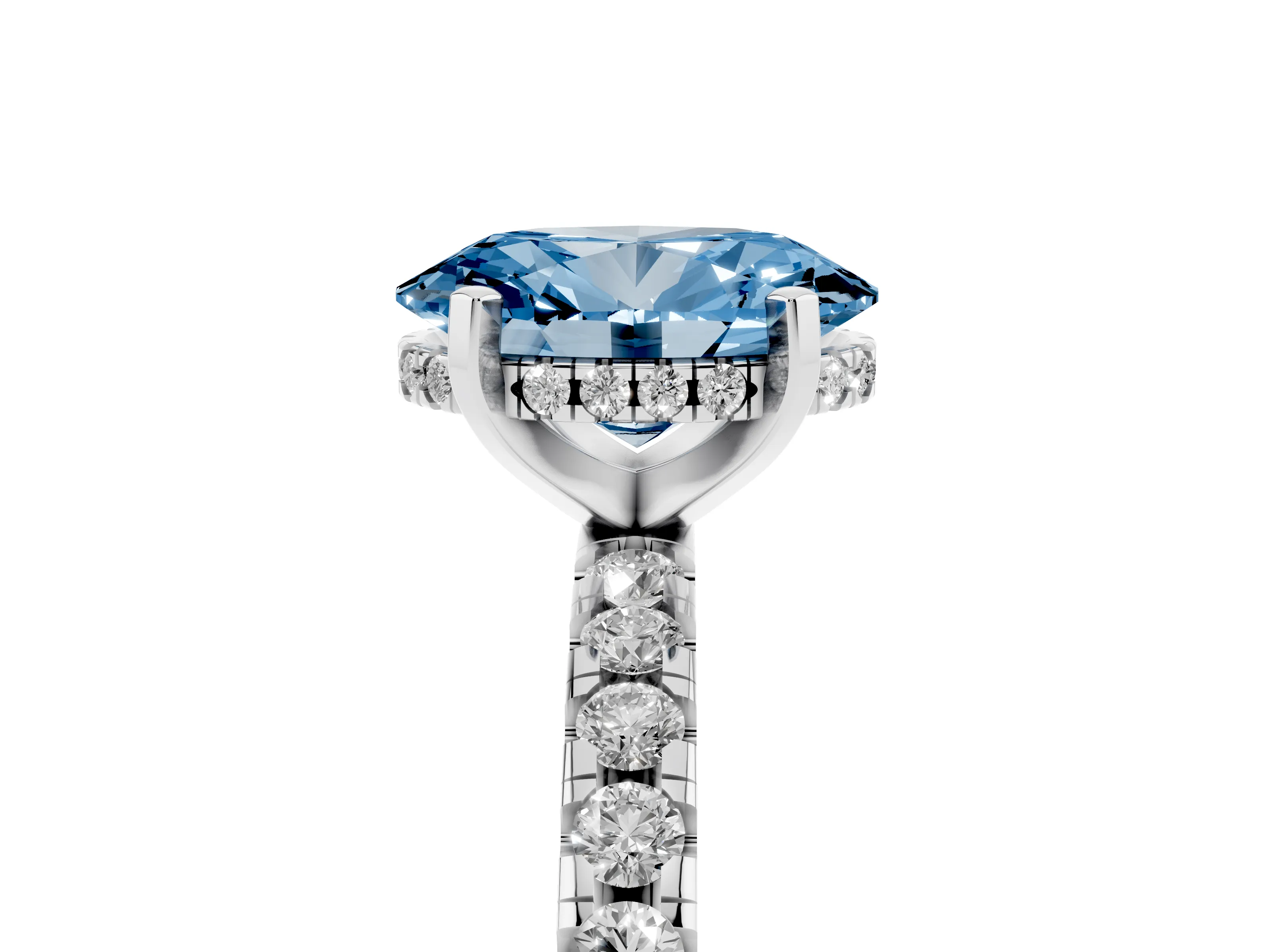 Fancy Blue Oval Cut Diamond Pavé Solitaire Ring Set in Platinum with Round Band Accents and Prong Setting