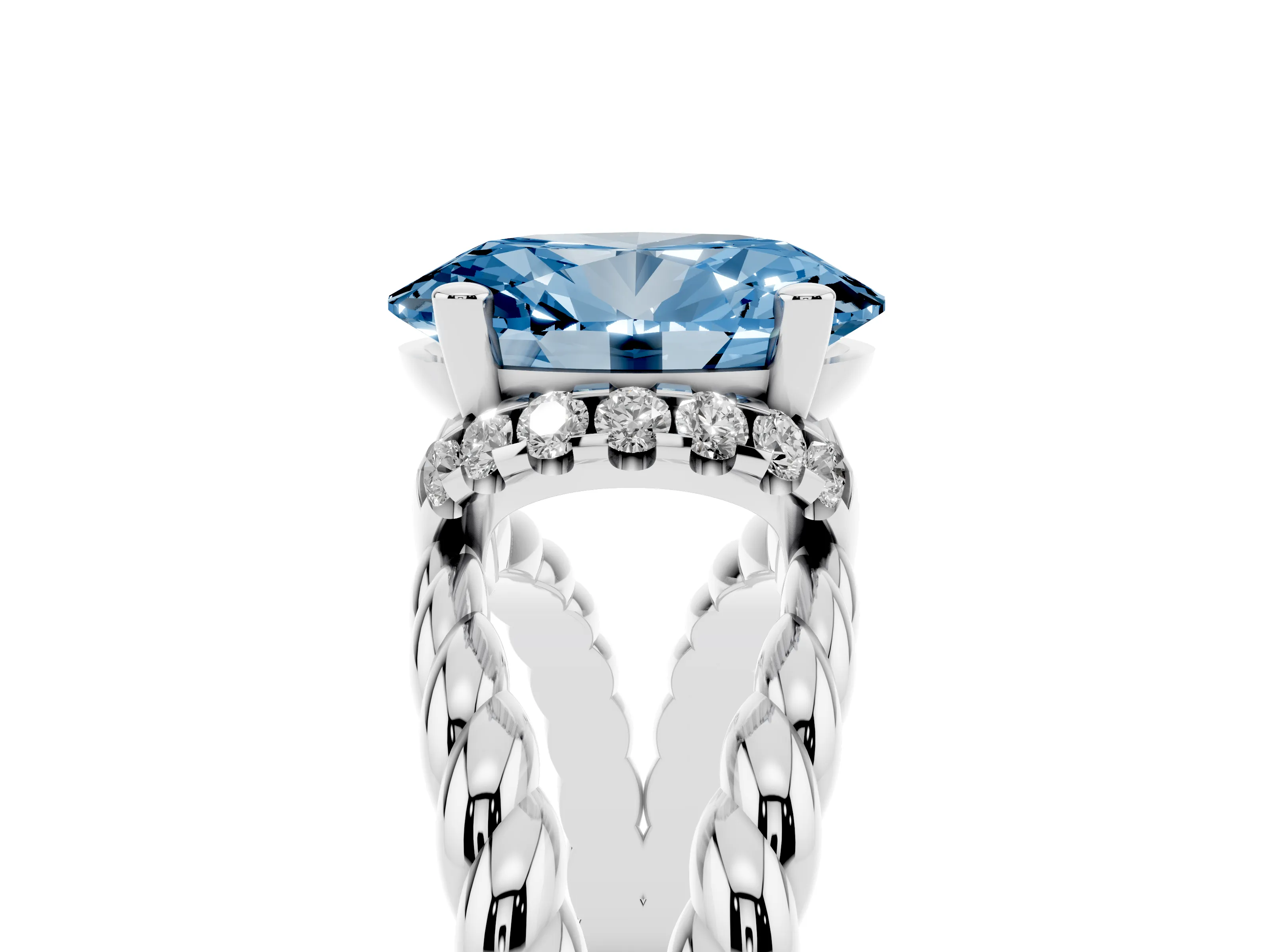 Fancy Blue Oval Cut Diamond Halo Ring Set in Platinum with Twisted Band and Prong Setting
