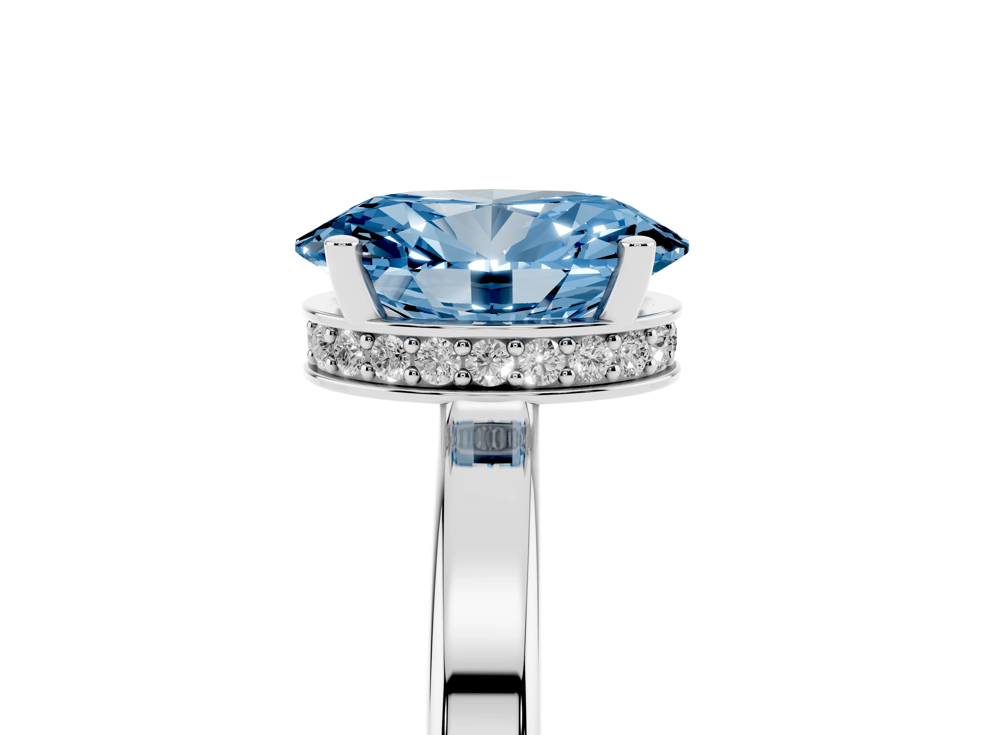 Fancy Blue Oval Cut Diamond Solitaire Engagement Ring Set in Silver with Prong Setting on a Plain Band