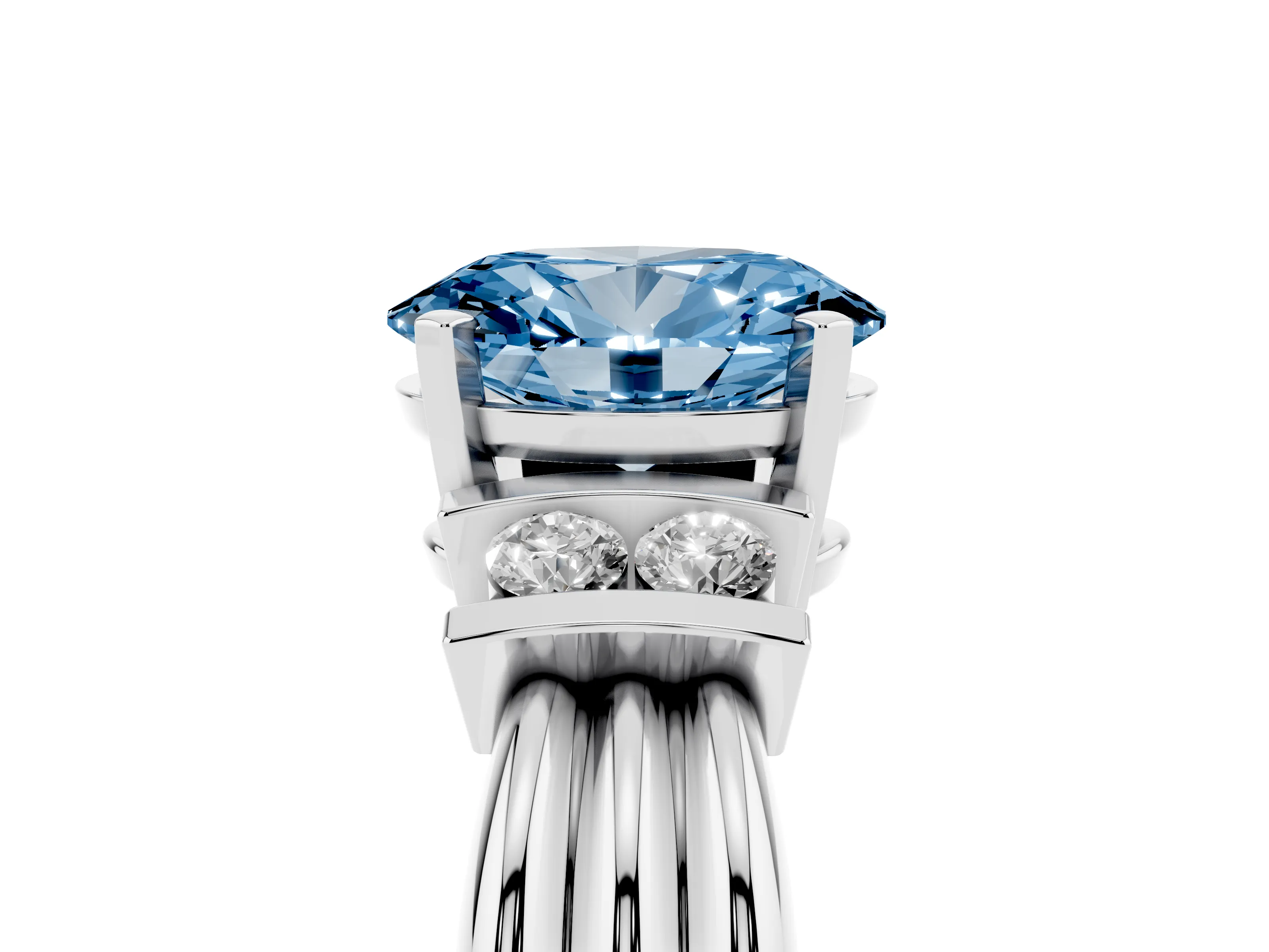 Fancy Blue Three-Stone Oval Cut Diamond Channel Set Ring Set in White gold with Bar Prongs