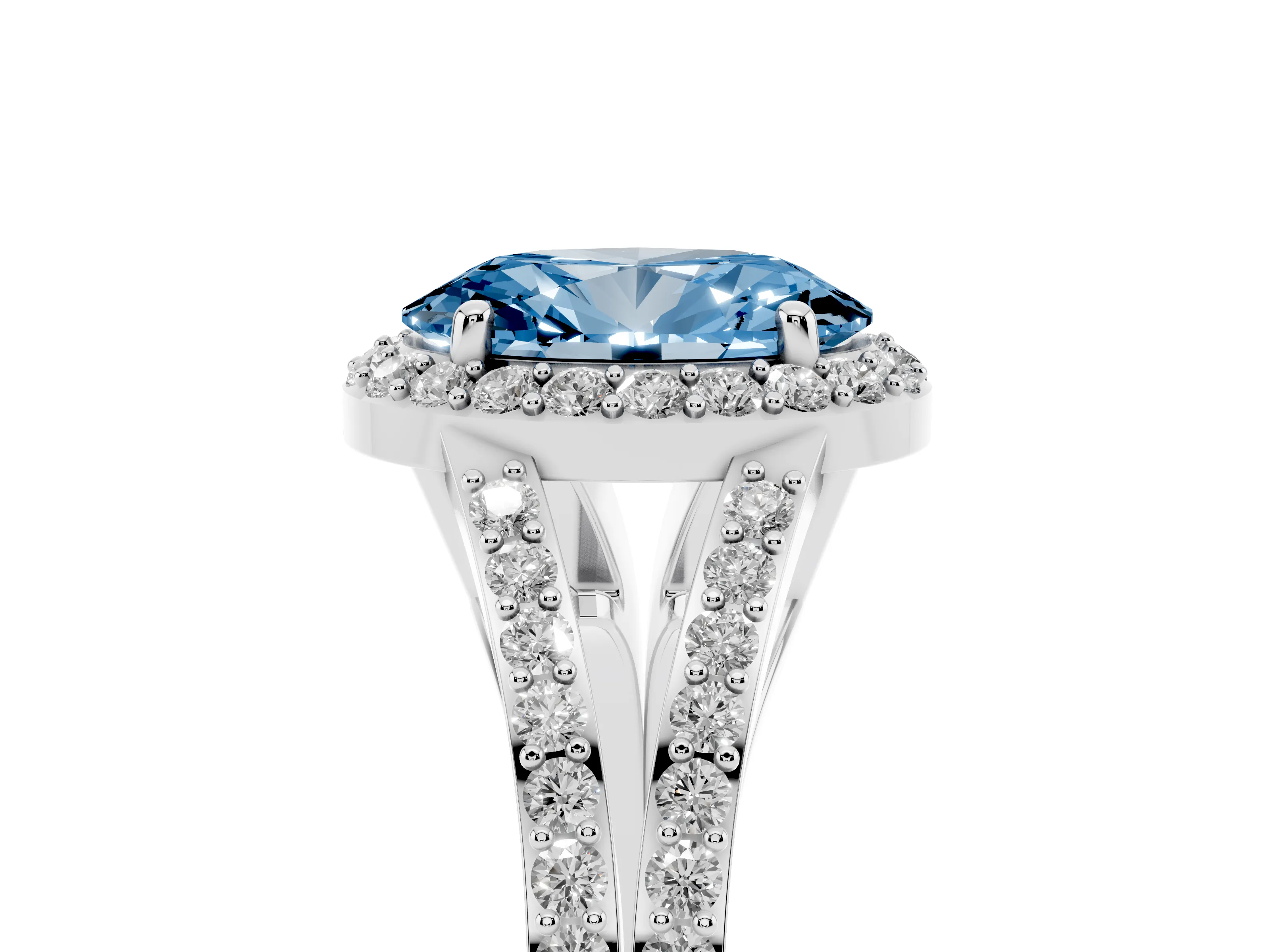 Fancy Blue Oval Cut Diamond Halo Split Shank Ring Set in White gold with Accent Stones and Prong Setting
