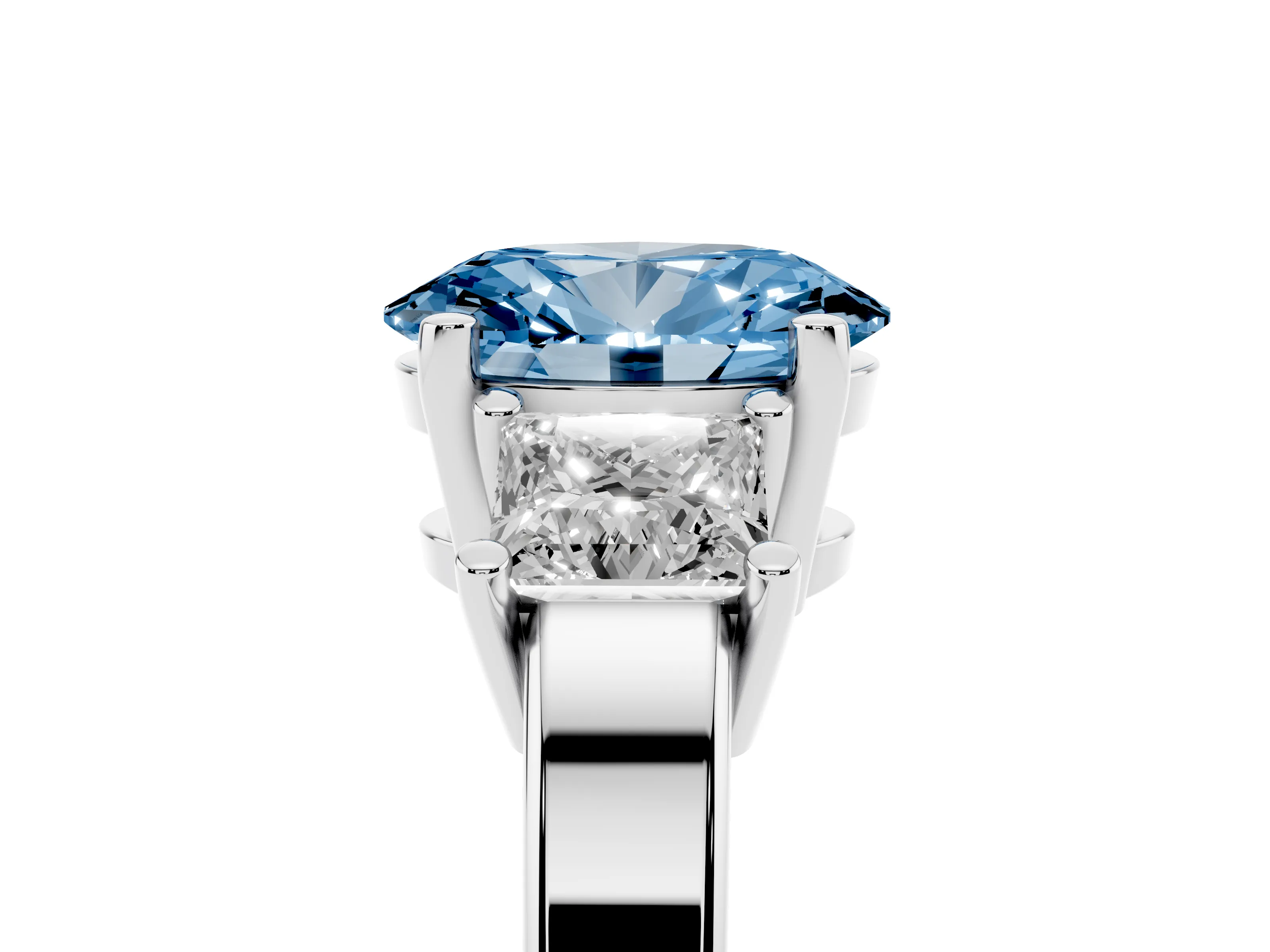 Fancy Blue Three-Stone Oval Cut Diamond Solitaire Ring Set in Platinum with Prong Setting