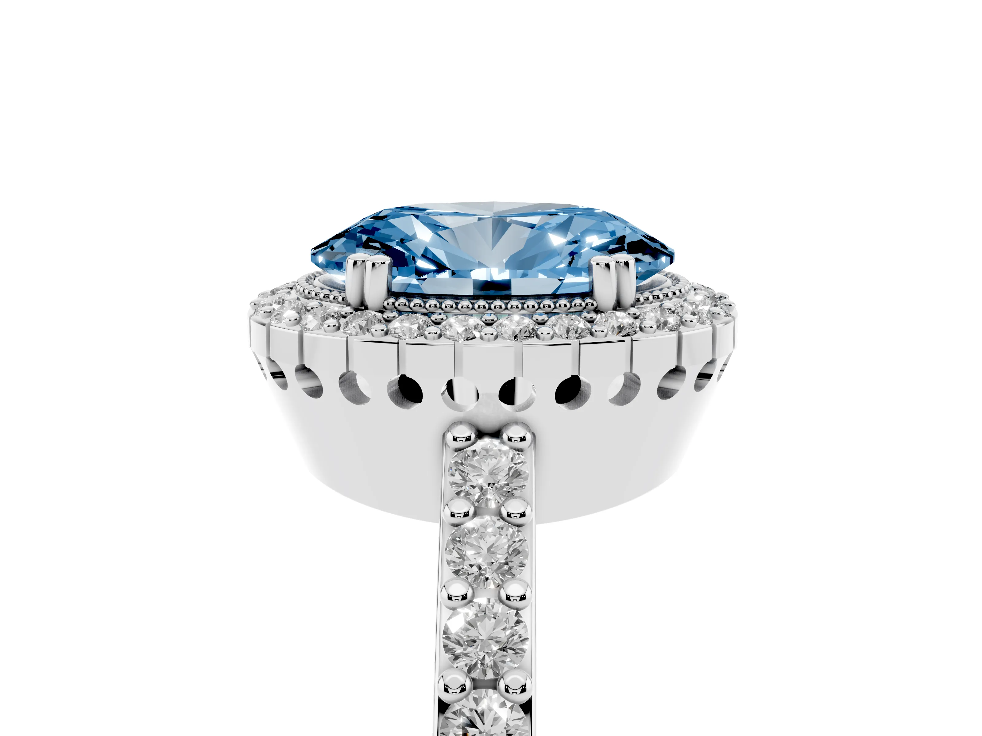 Fancy Blue Oval Cut Diamond Halo Engagement Ring Set in White gold with Milgrain Detail and Pavé Band