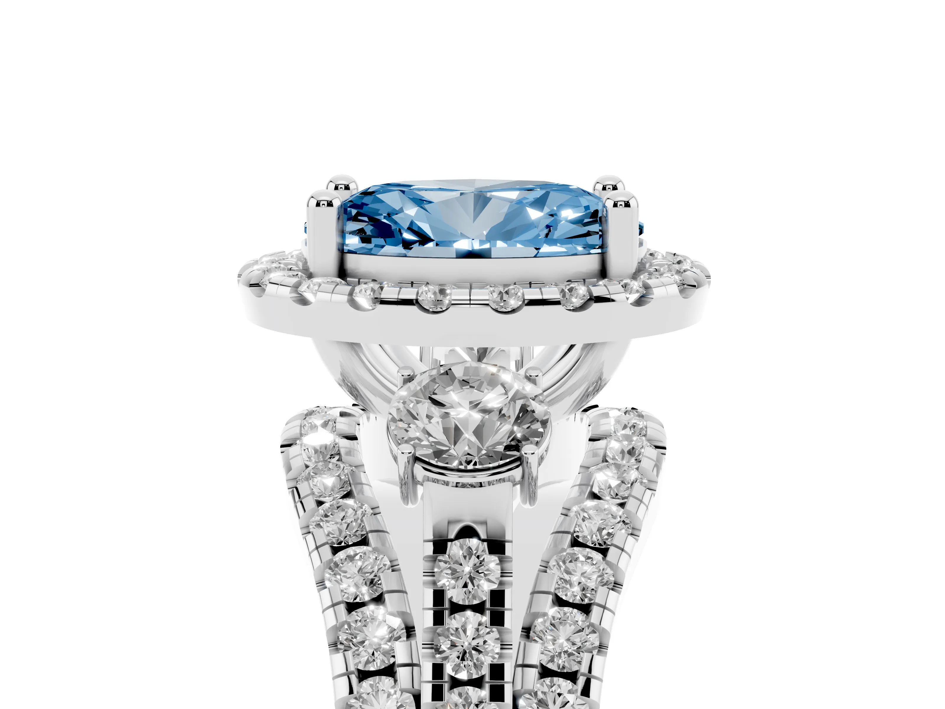 Fancy Blue Oval Cut Diamond Halo Split Shank Ring Set in Platinum with Round Accent Stones and Prong Setting