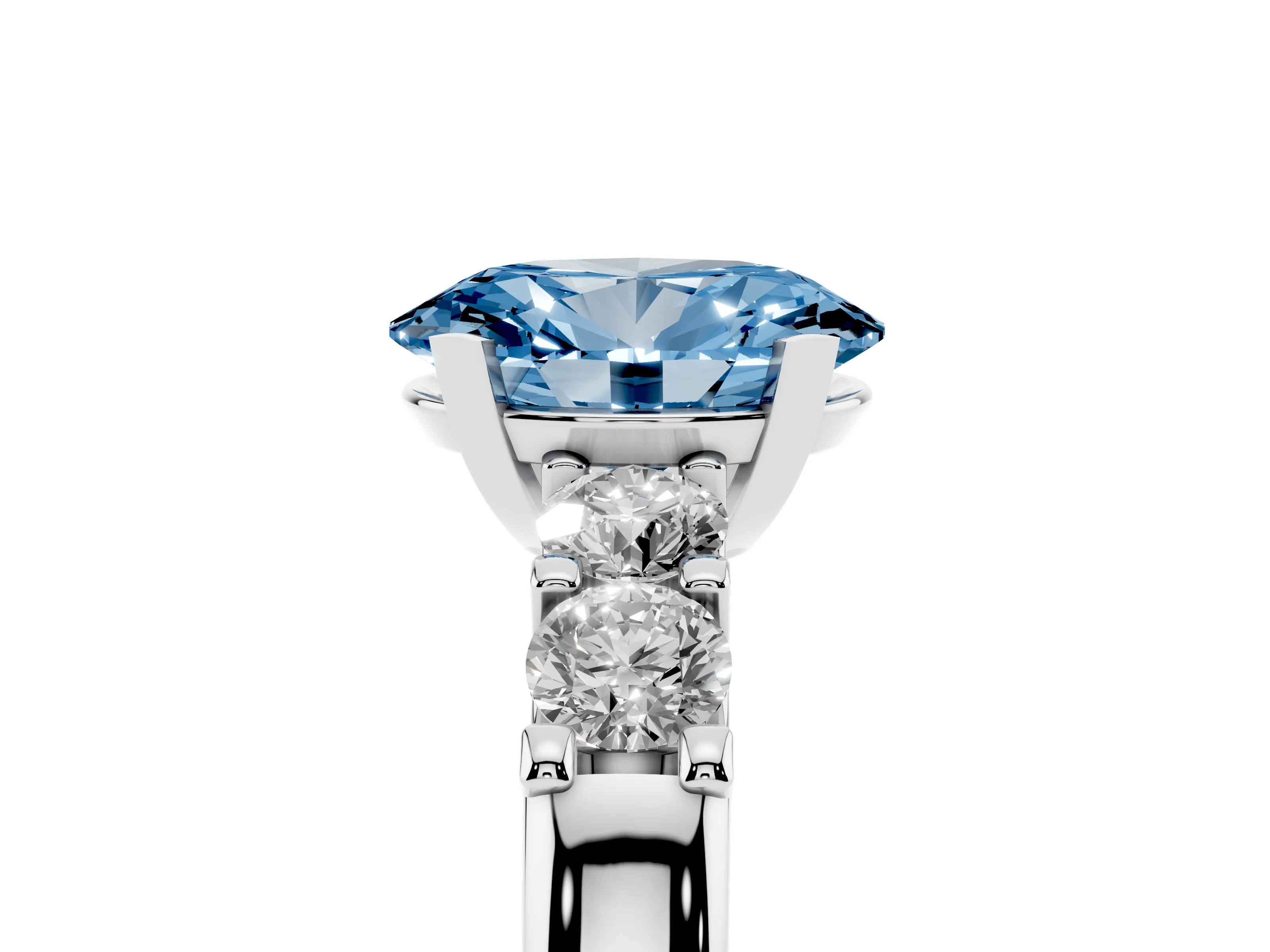 Fancy Blue Oval Cut Diamond Five-Stone Prong Set Engagement Ring Set in Silver with Channel Band