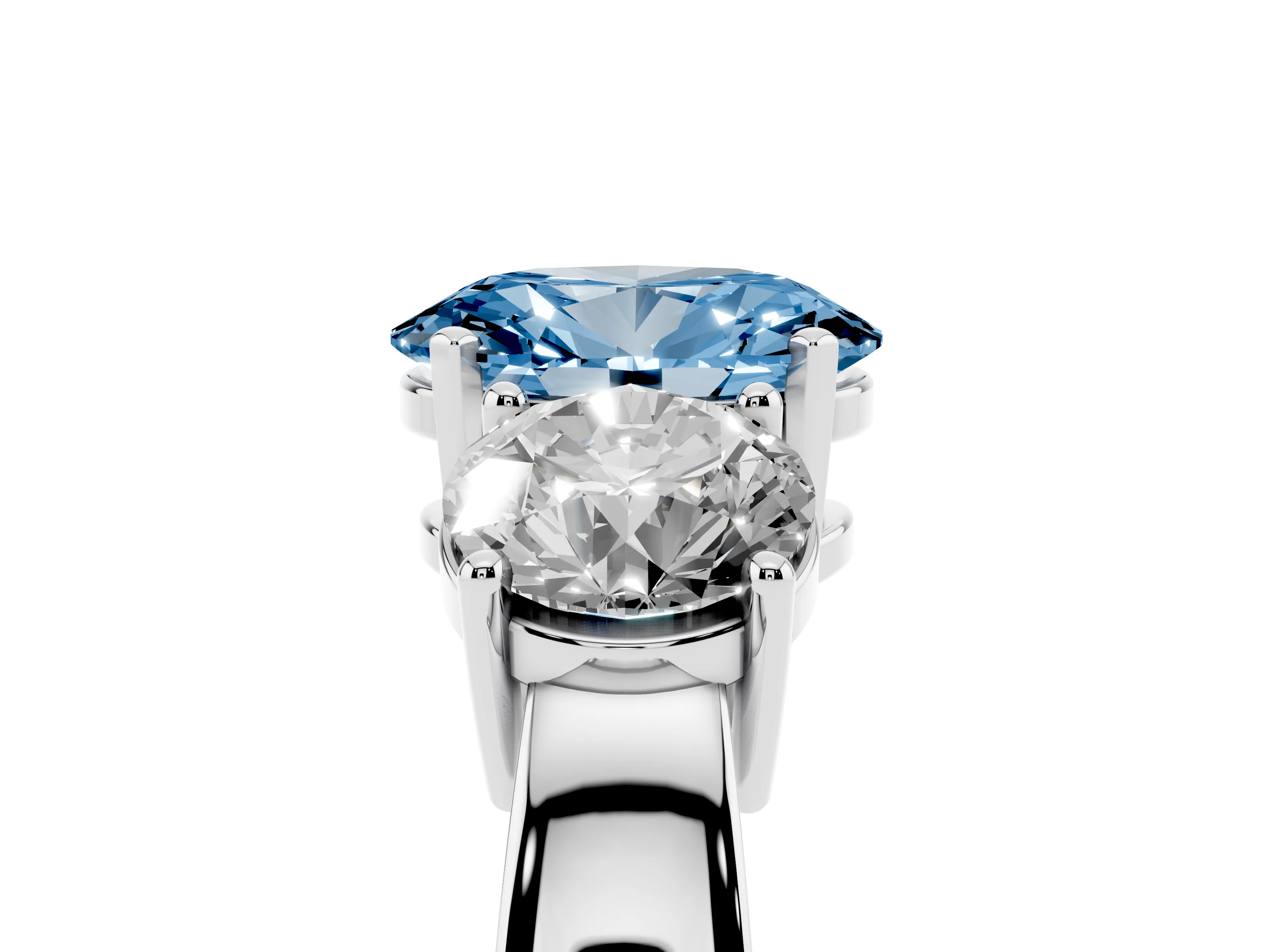 Fancy Blue Oval Cut Diamond Three-Stone Ring Set in Platinum with Round Side Stones and Classic Band