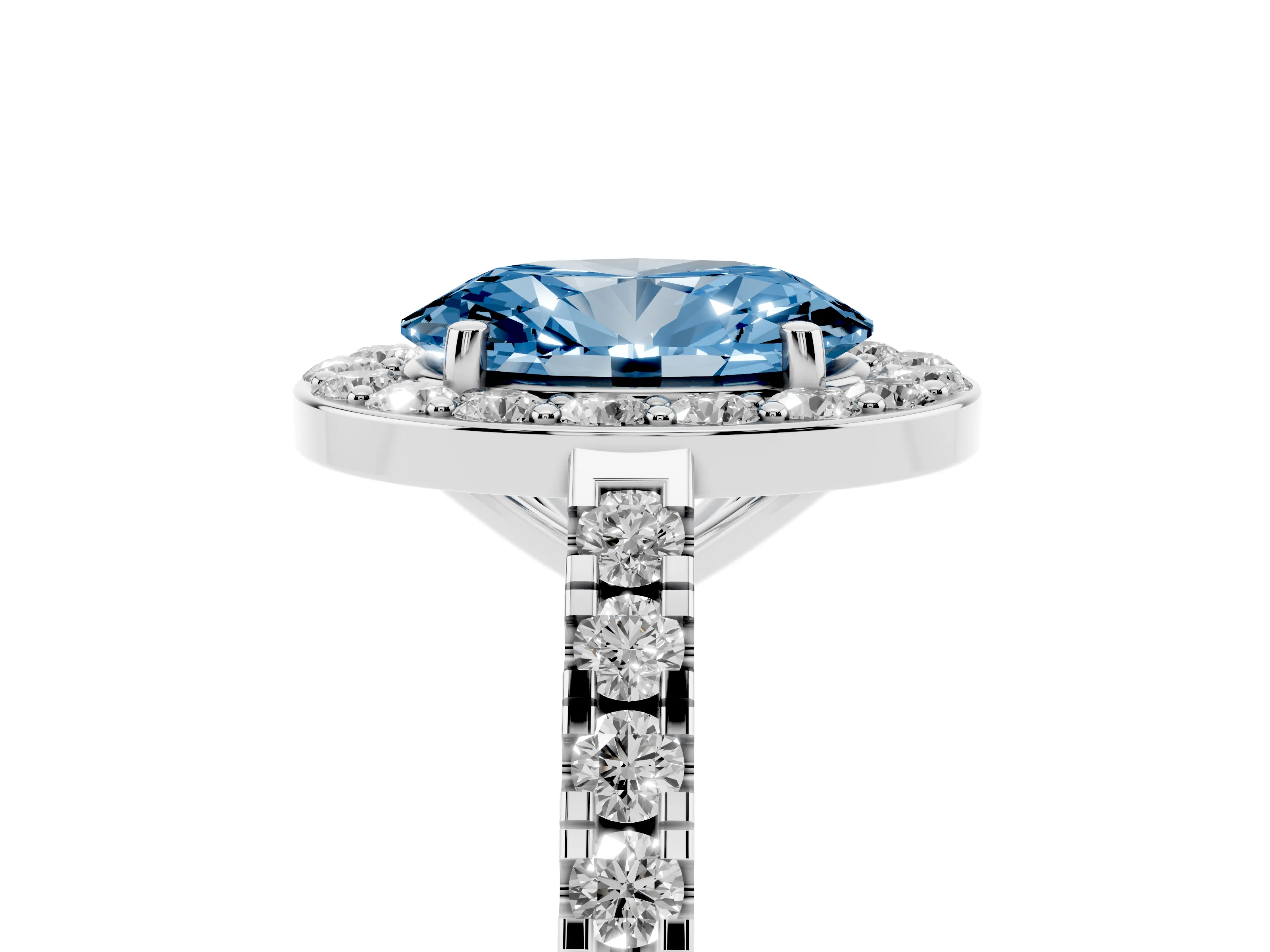 Fancy Blue Oval Cut Diamond Halo Ring Set in Silver with Round Pavé Split Shank and Prong Setting