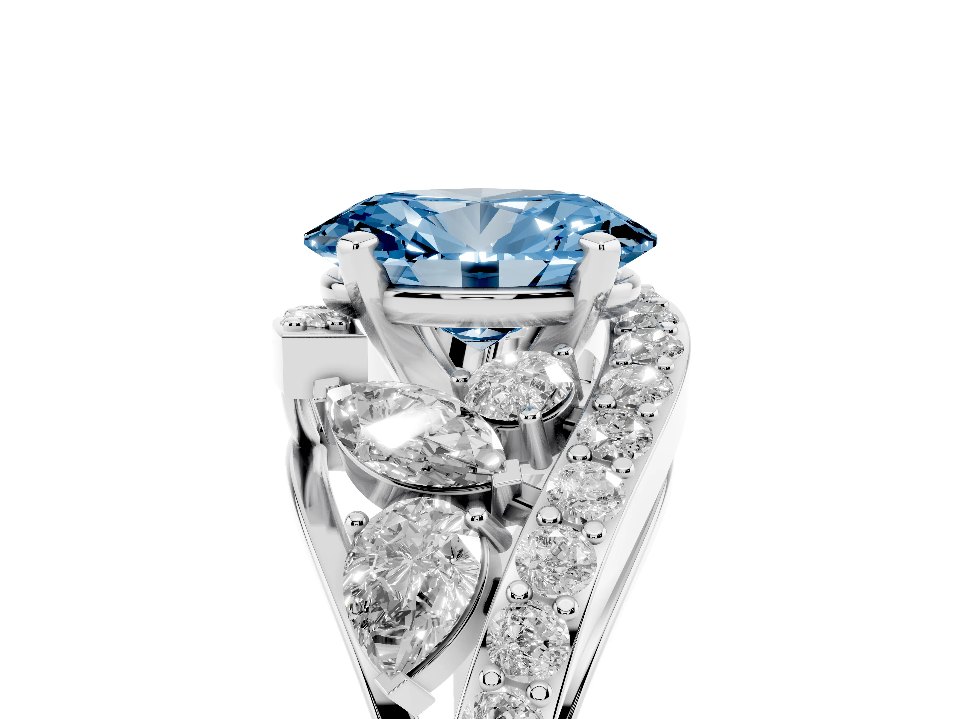 Fancy Blue Oval Cut Diamond Halo Ring Set in White gold with Marquise and Pavé Band in Prong Setting