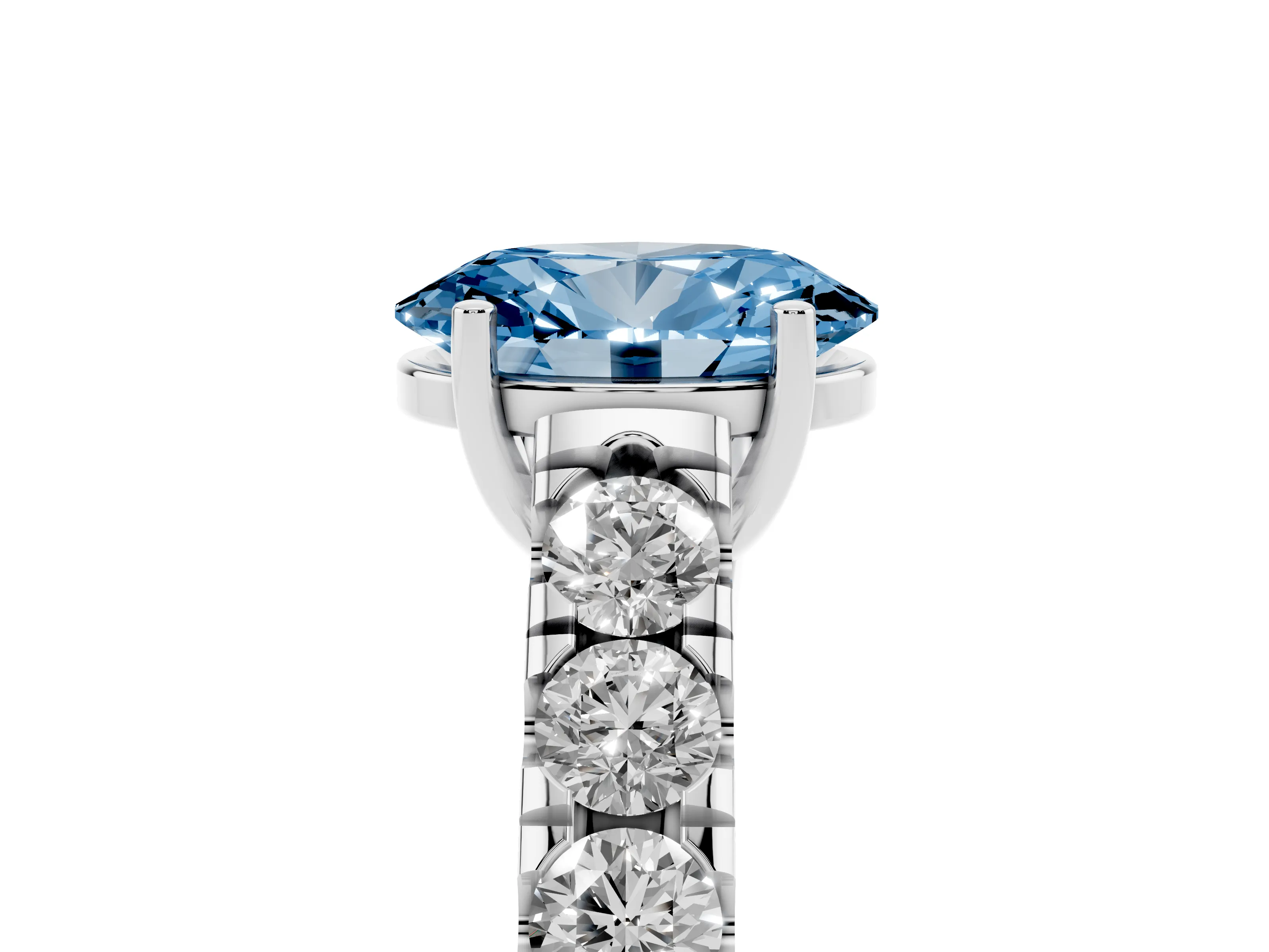 Fancy Blue Oval Cut Diamond Solitaire Ring Set in Silver with Cut-Down Micro Pavé Band and Prong Setting