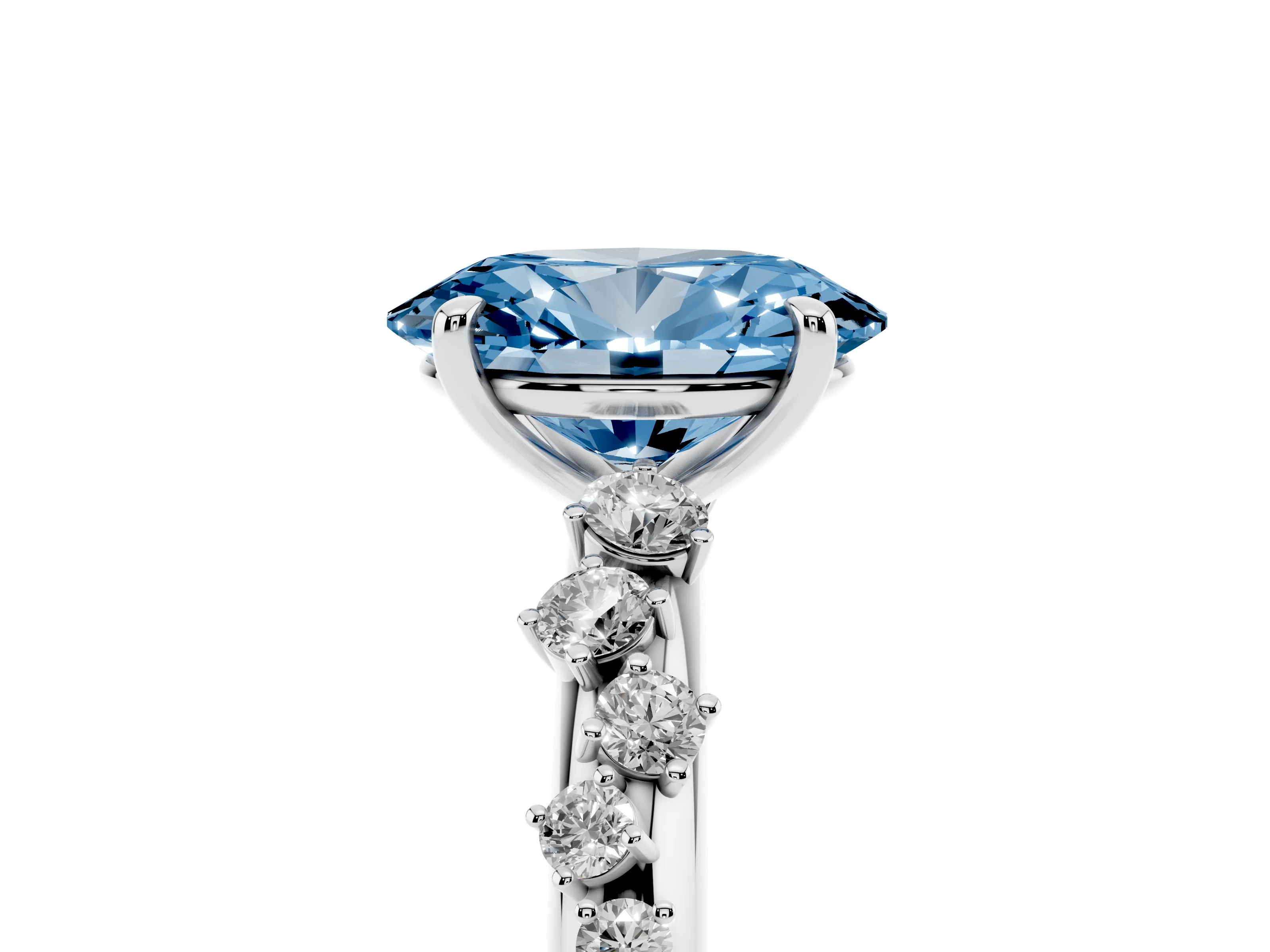 Fancy Blue Oval Cut Diamond Cluster Solitaire Ring Set in Silver with Prong Setting
