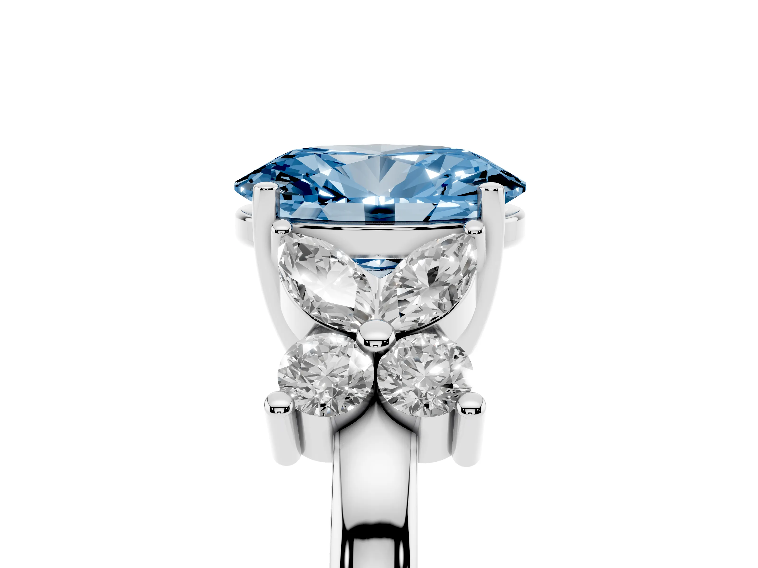 Fancy Blue Oval Cut Diamond Floral Cluster Ring Set in Platinum with Marquise Petals and Prong Setting