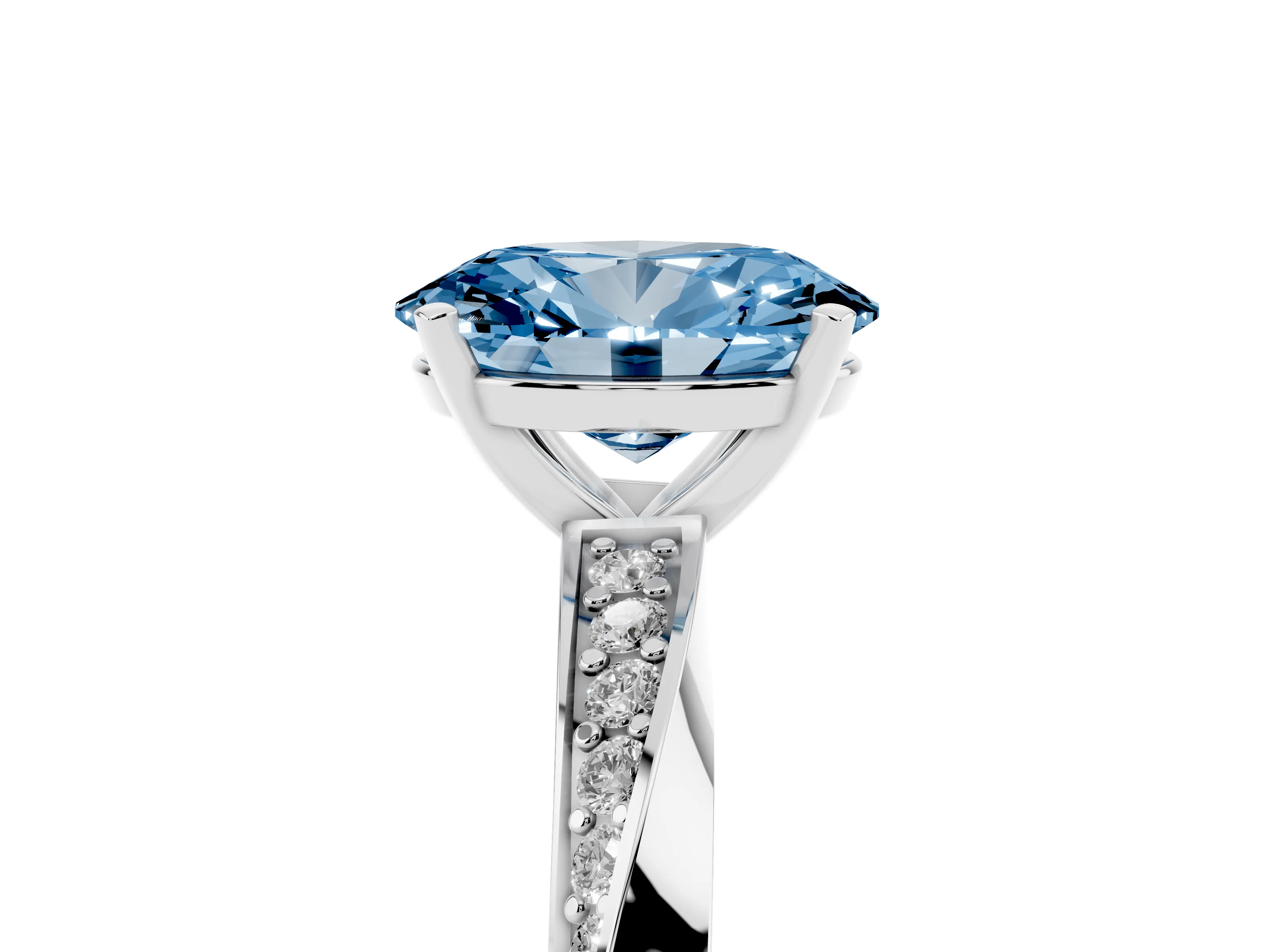 Fancy Blue Oval Cut Diamond Engagement Ring Set in Platinum with Side Stone Accents and Prong Setting