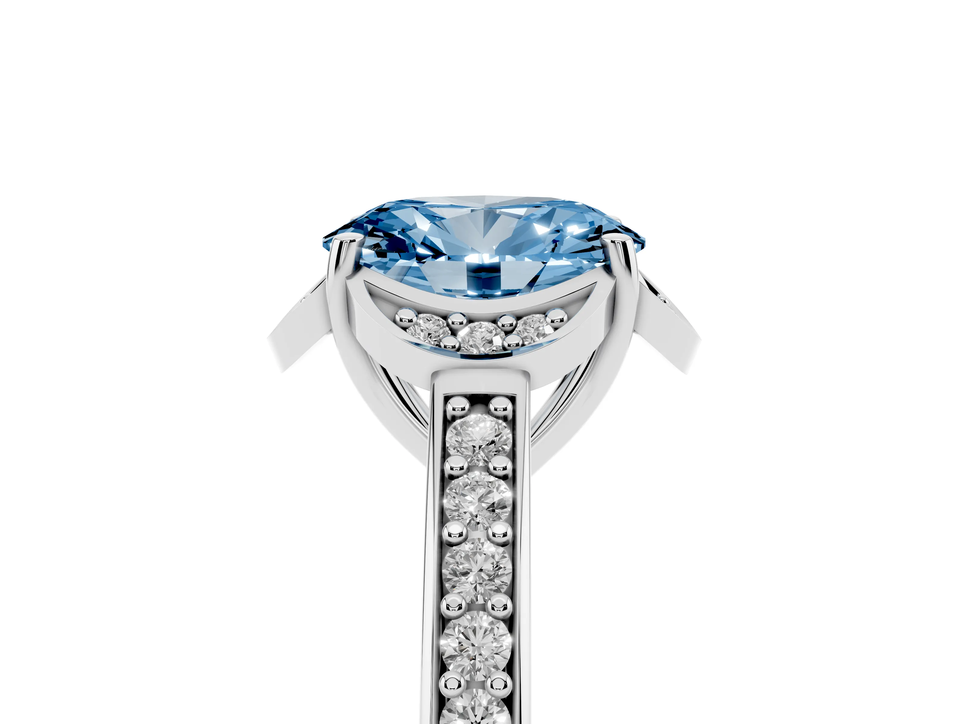 Fancy Blue Oval Cut Diamond Halo Ring Set in Silver with Channel Set Band and Prong Setting