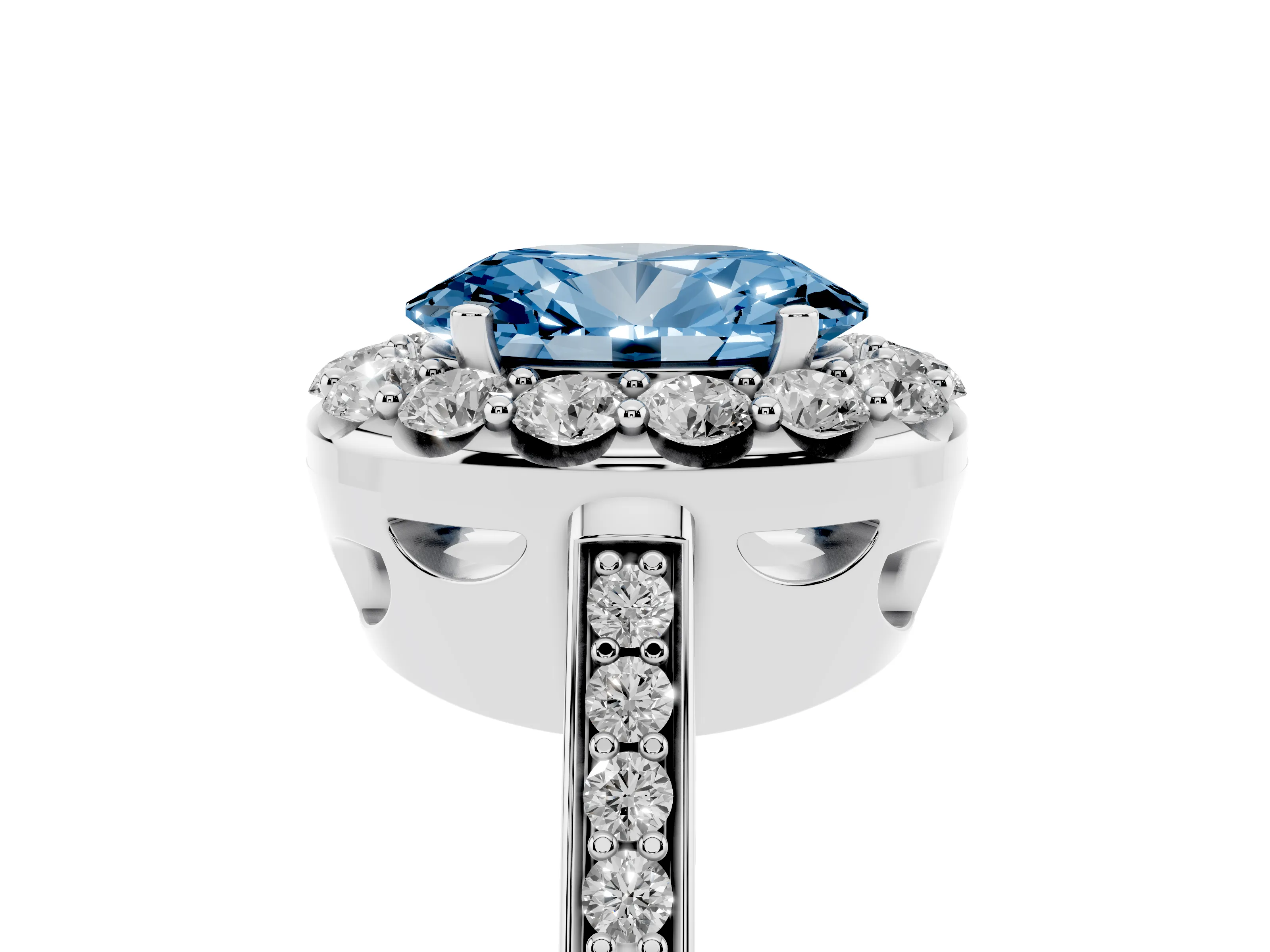 Fancy Blue Oval Cut Diamond Floral Halo Ring Set in Silver with Pavé Band and Prong Setting