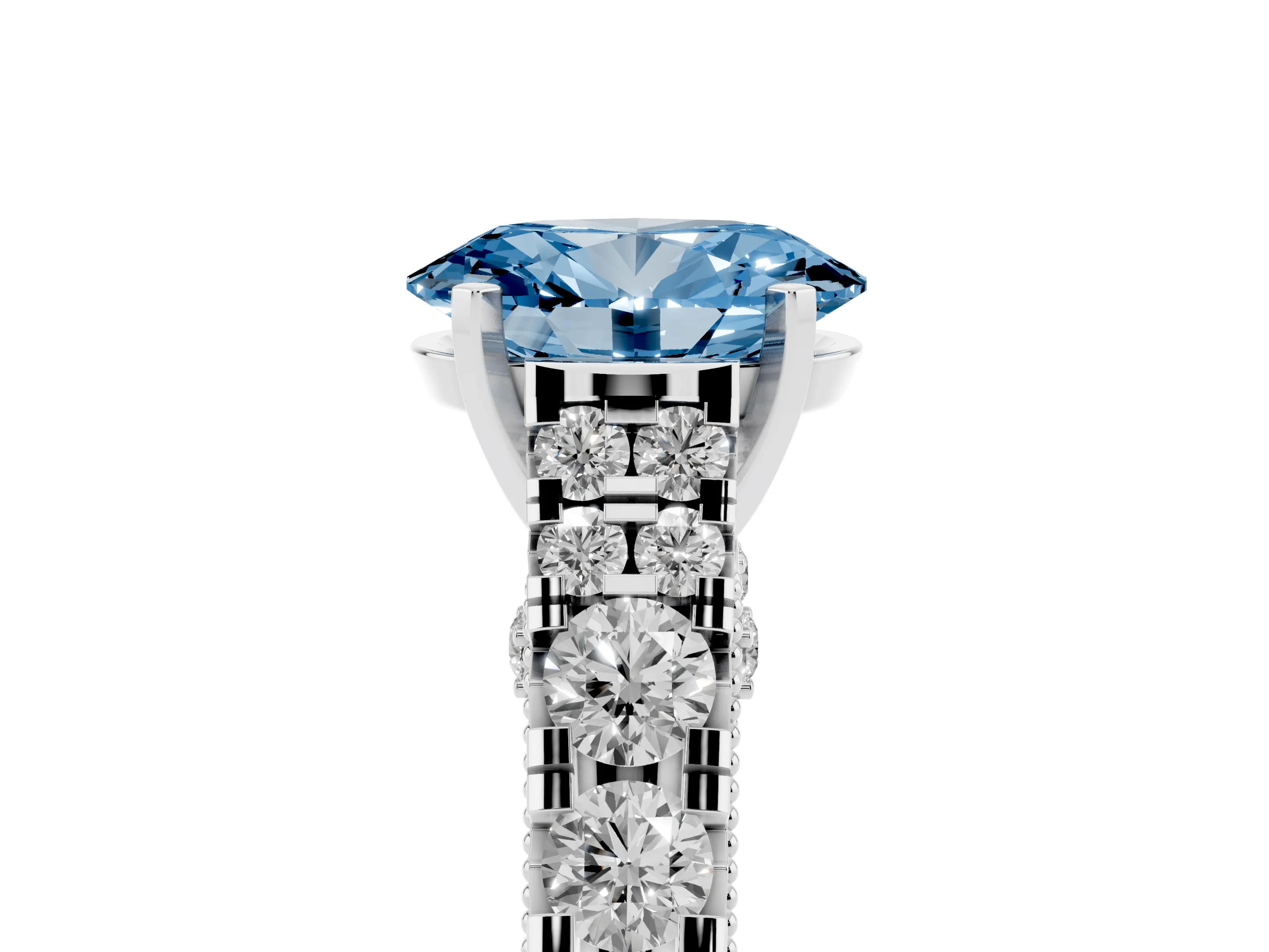 Fancy Blue Oval Cut Diamond Classic Solitaire Ring Set in White gold with Pavé Band and Prong Setting