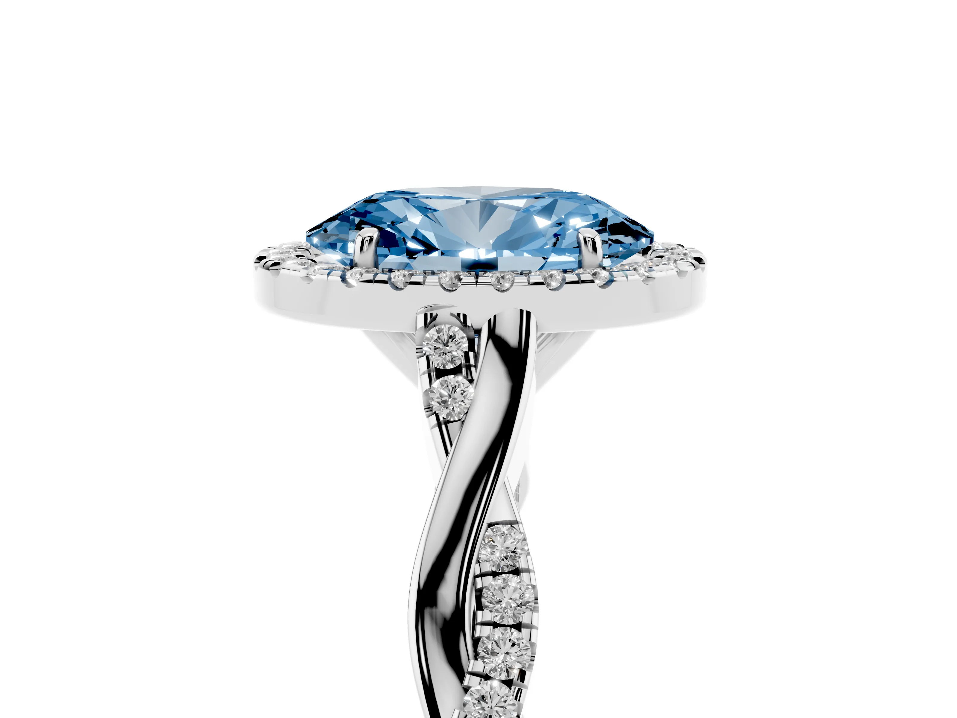 Fancy Blue Oval Cut Diamond Halo Twist Band Solitaire Ring Set in Silver with Prong Setting