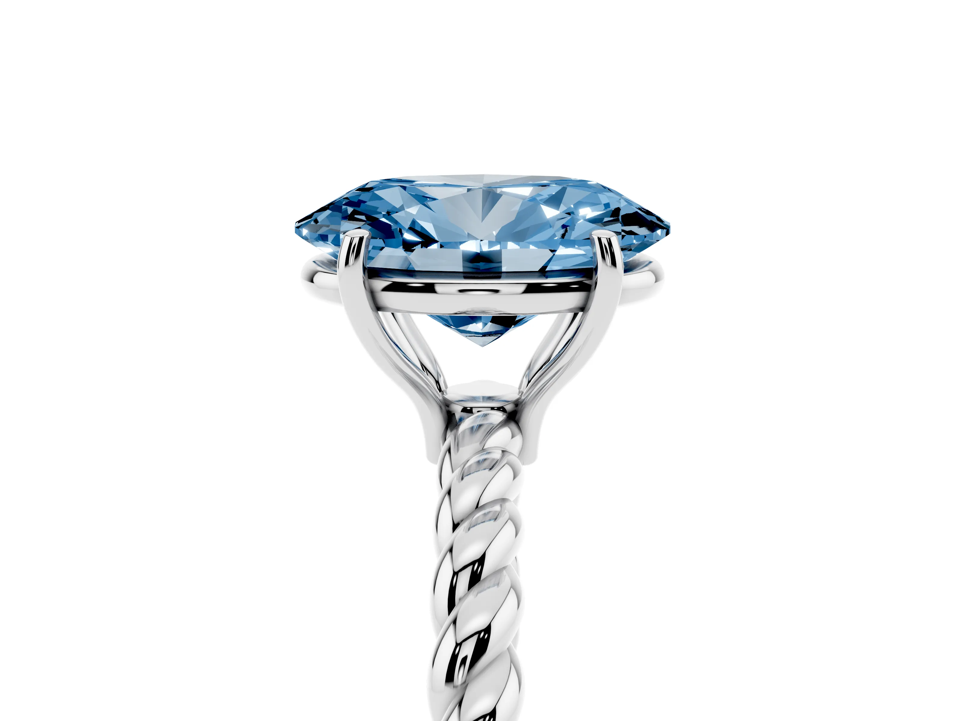 Fancy Blue Oval Cut Diamond Solitaire Ring Set in Platinum with Twist Band and Prong Setting