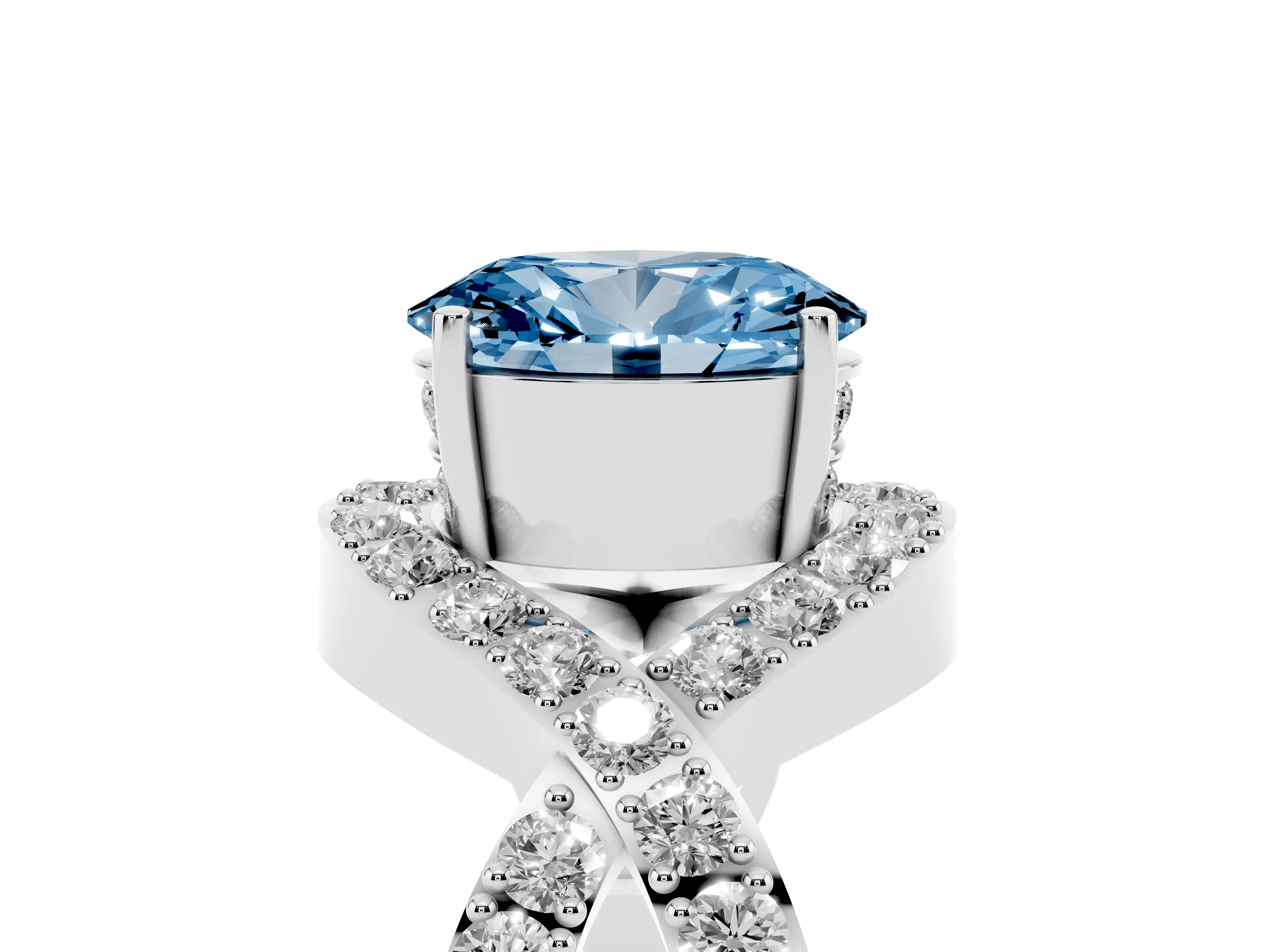 Fancy Blue Oval Cut Diamond Solitaire Twist Band Pavé Engagement Ring Set in Platinum