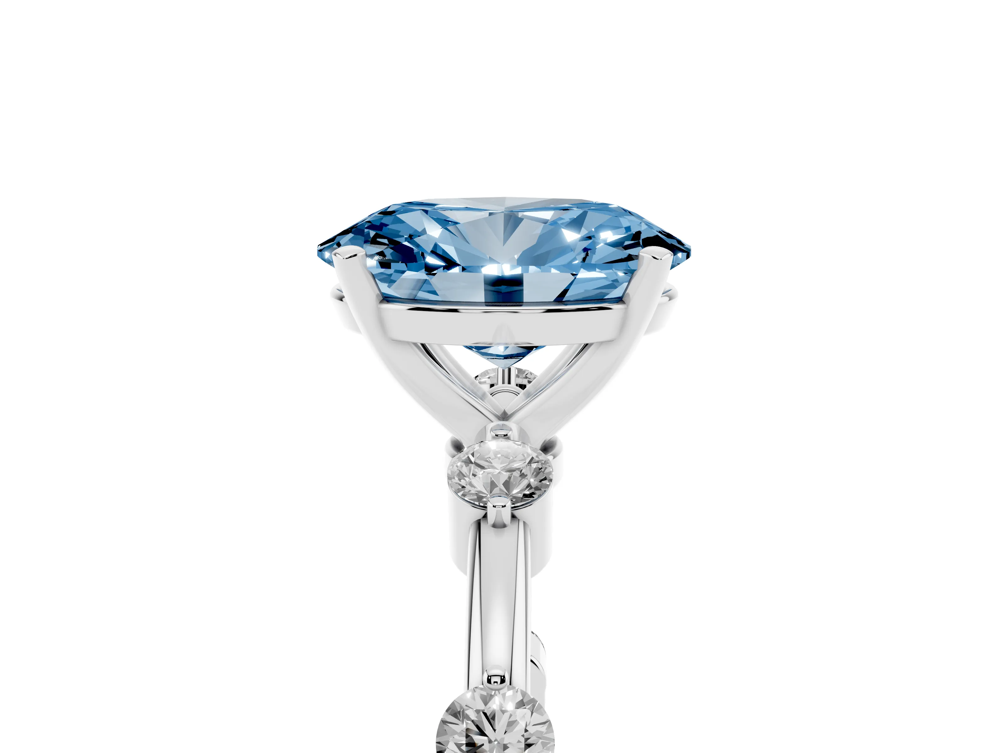 Fancy Blue Oval Cut Diamond Solitaire Ring Set in Platinum with Bezel Set Side Stones and Prong Setting