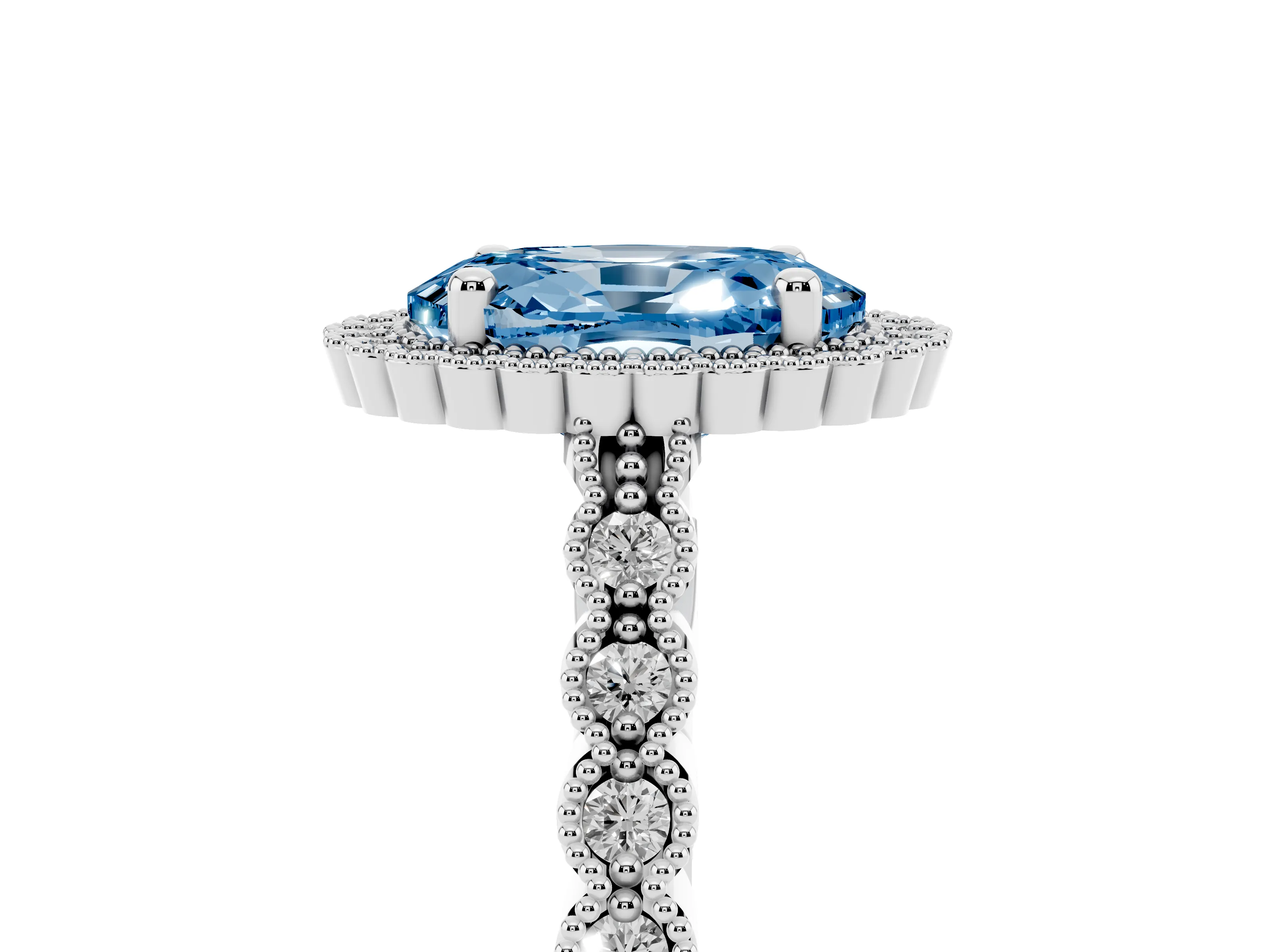 Fancy Blue Oval Cut Diamond Halo Ring Set in Platinum with Pavé Milgrain Band