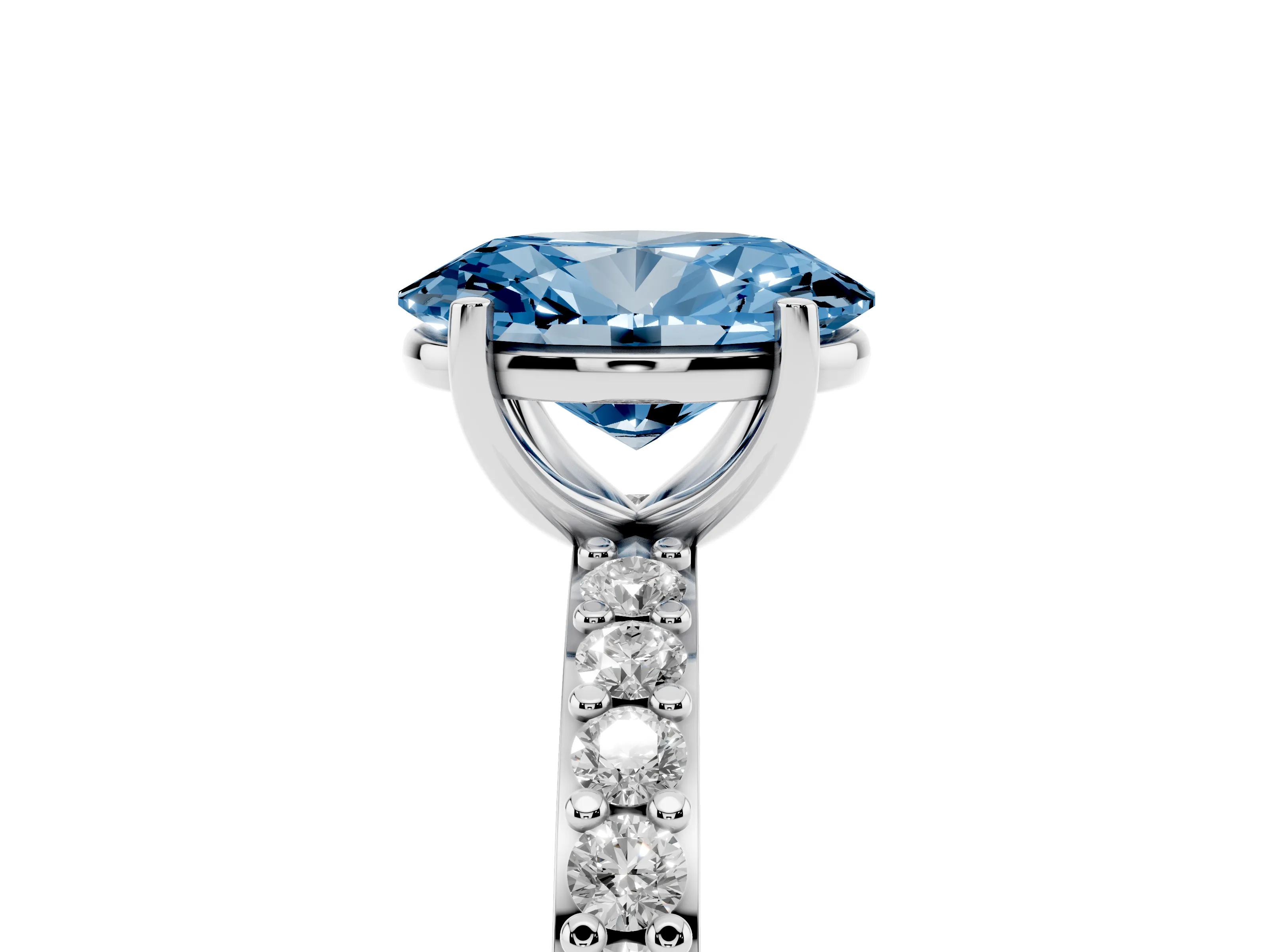 Fancy Blue Oval Cut Diamond Solitaire Set in White gold with Round Pavé Band and Prong Setting