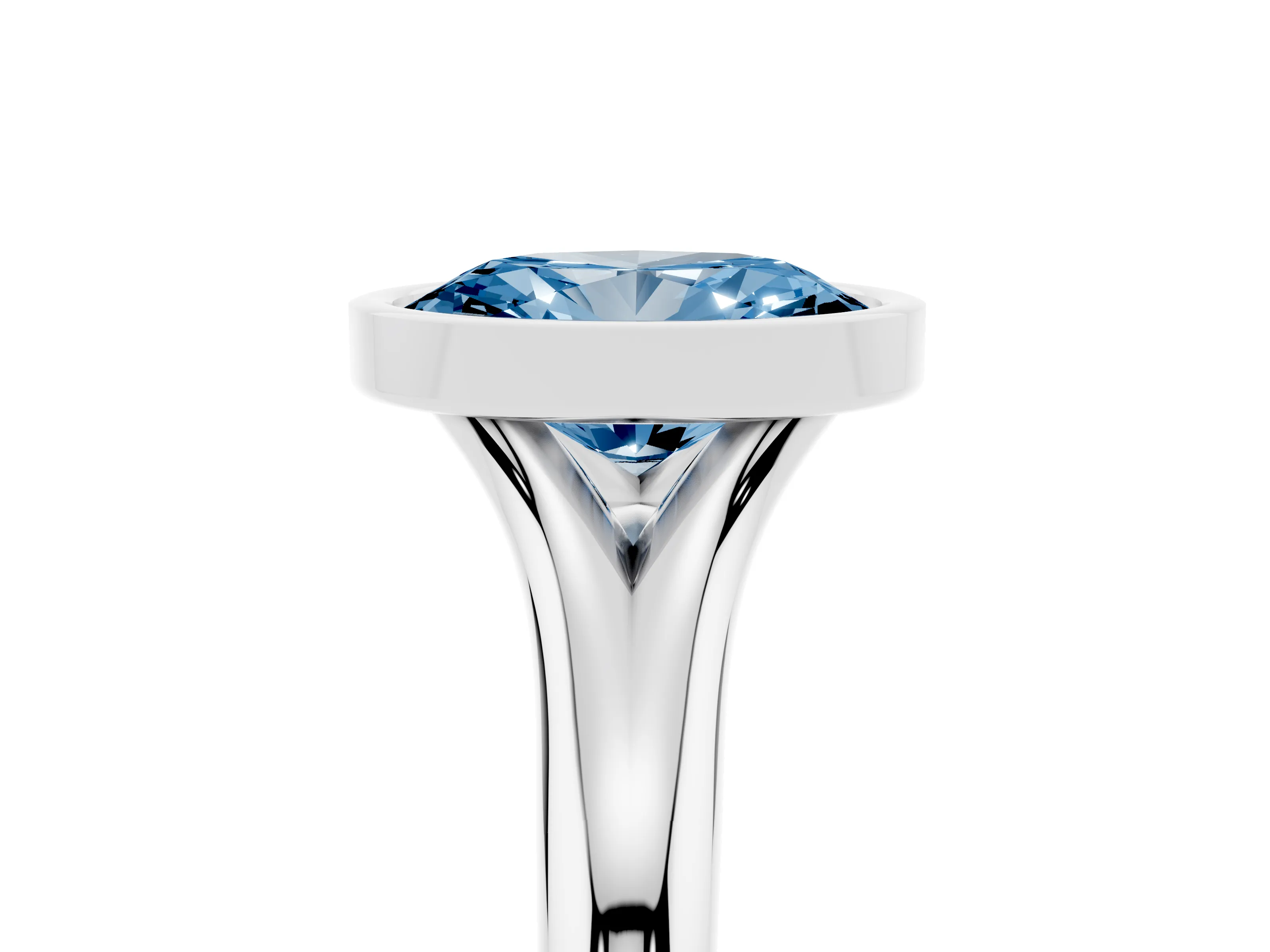 Fancy Blue Bezel Set Oval Cut Diamond Solitaire Ring Set in White gold with Smooth Band